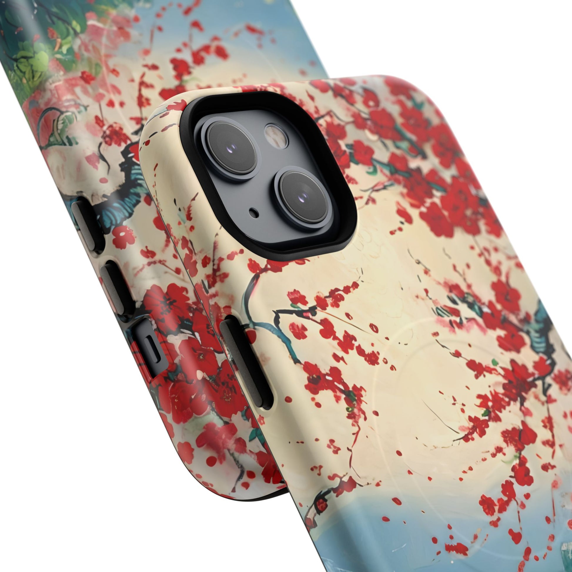 Crimson Blossom Lake - Artistic Floral Landscape iPhone 14 Plus MagSafe Phone Case - Red Cherry Blossoms & Serene Lake Design