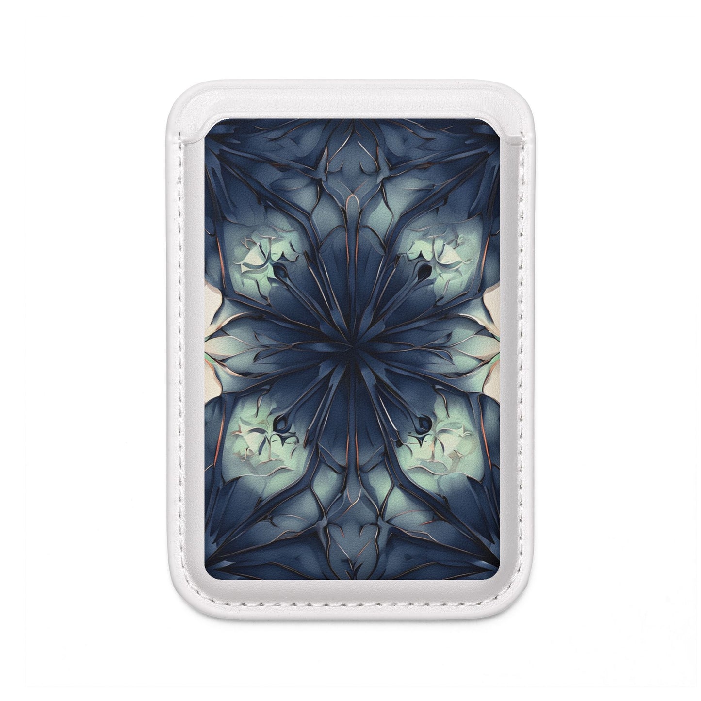 Indigo Mosaic MagSafe card holder with indigo geometric mosaic design on white magnetic wallet.