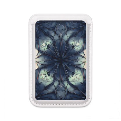 Indigo Mosaic MagSafe card holder with indigo geometric mosaic design on white magnetic wallet.