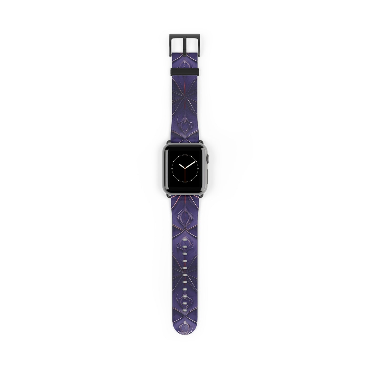 Violet Nebula Apple Watch band with watch face featuring deep violet celestial geometric pattern inspired by nebula and star constellations