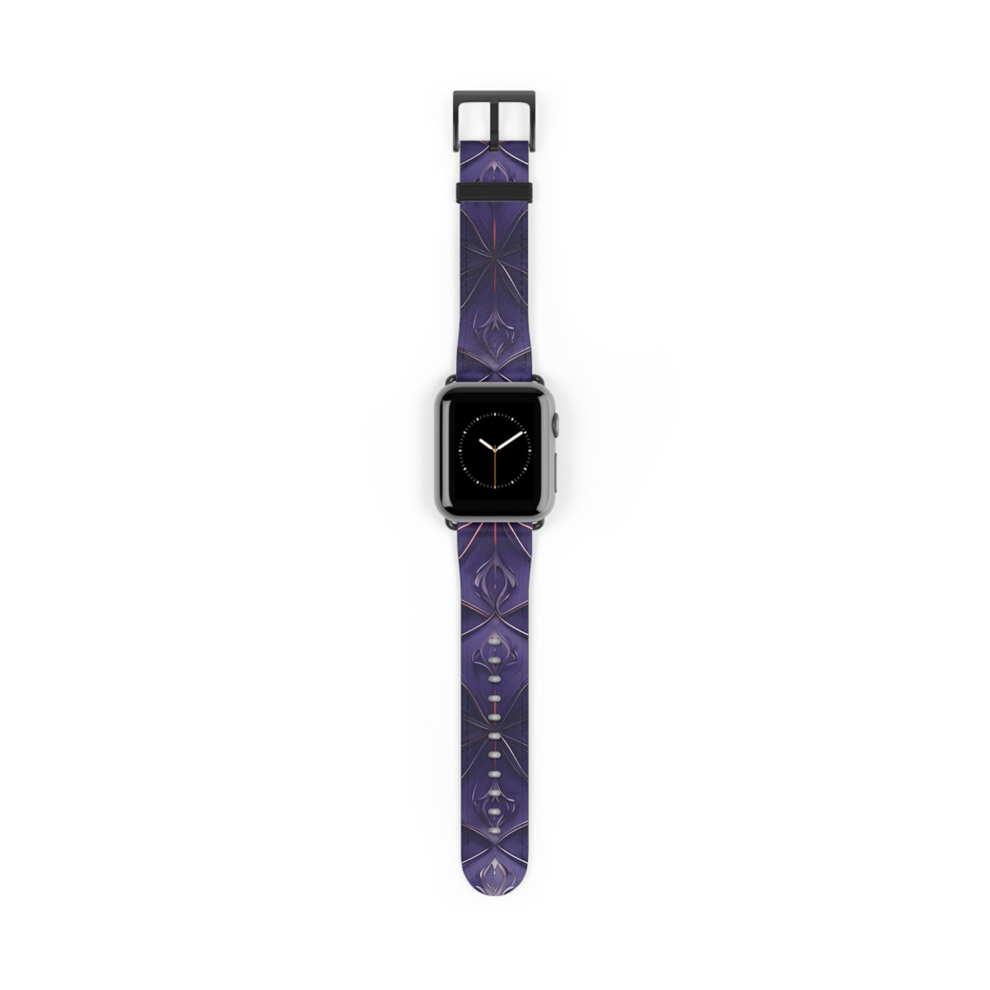 Violet Nebula Apple Watch band with watch face featuring deep violet celestial geometric pattern inspired by nebula and star constellations