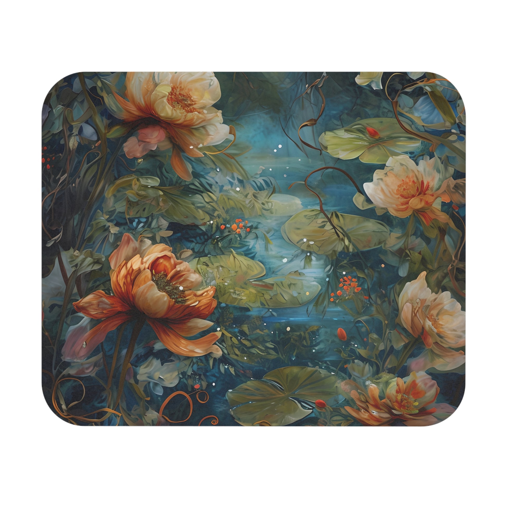 Waterlily Nocturne mouse pad featuring serene nighttime waterlily pond artwork