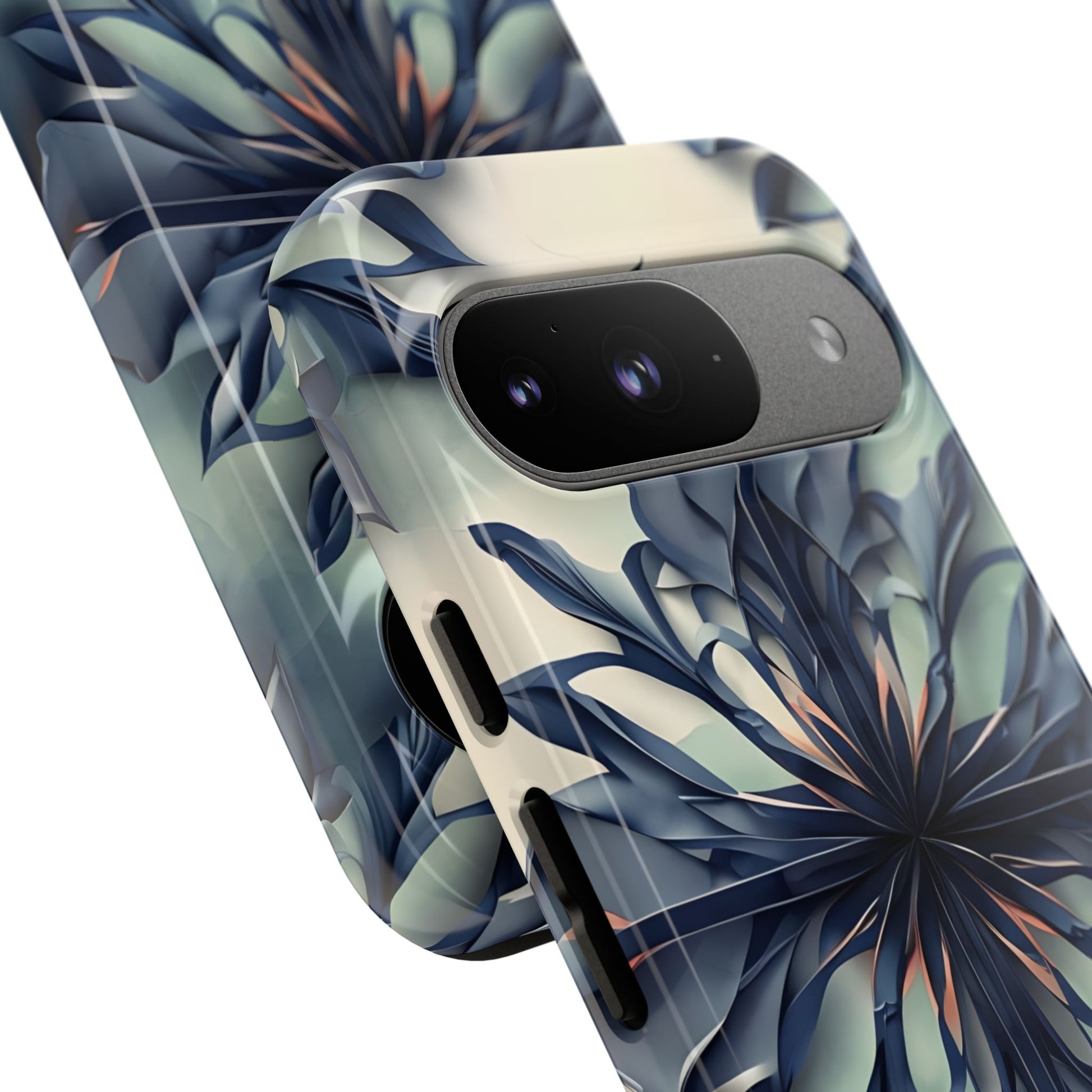 Frosted Indigo Bloom - Artistic Kaleidoscope Collection Artistic Floral - Google Pixel 9 Tough Phone Case - Blue Symmetrical Design