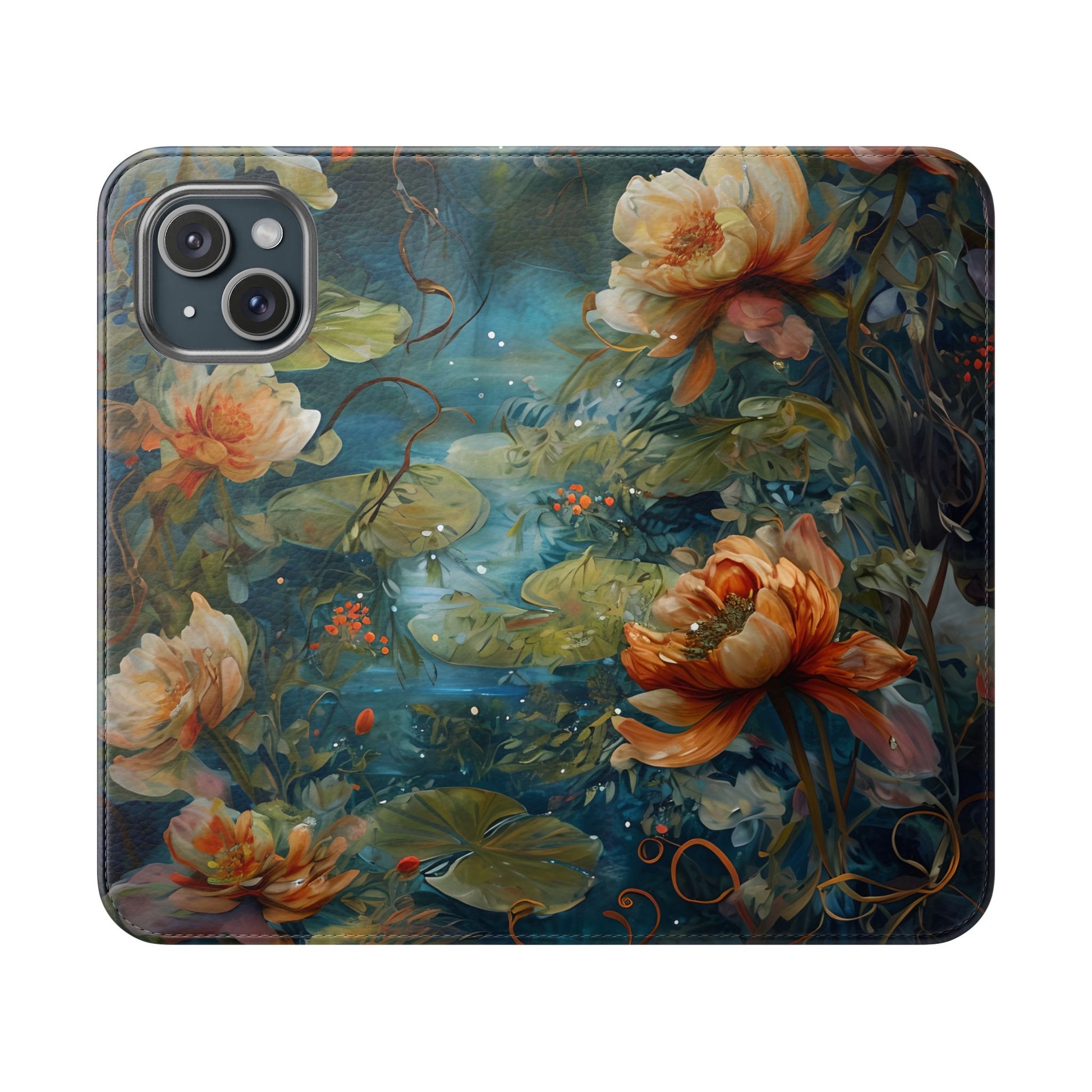 Waterlily Nocturne iPhone 15 Wallet Case - Elegant Floral Flip Cover, Vintage Botanical Phone Folio