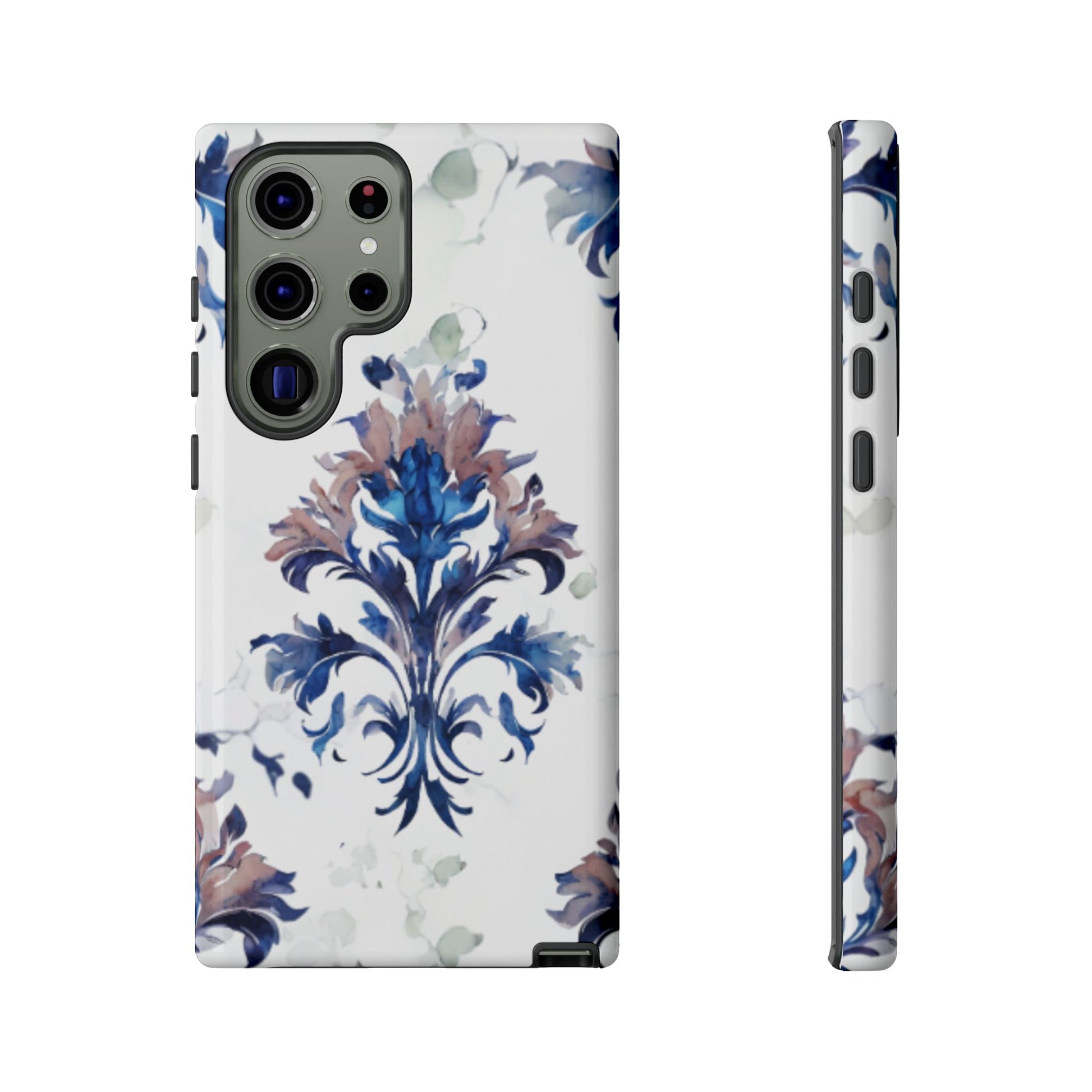 Delft Reverie blue Delft style floral wraparound Samsung Galaxy phone case front and side view