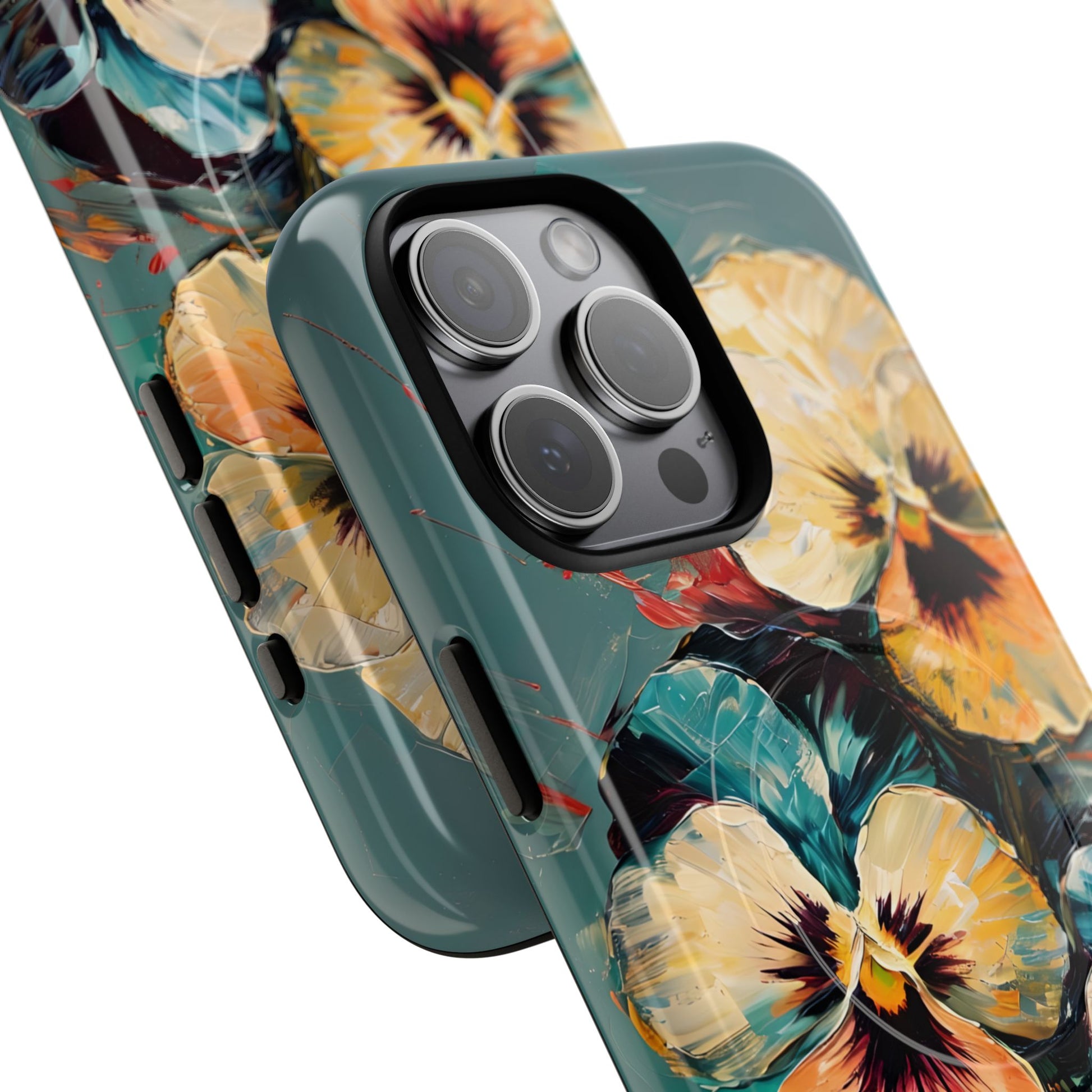 Golden Pansy Cascade - Elegant Floral iPhone 15 Pro Max MagSafe Case with Deep Teal Background