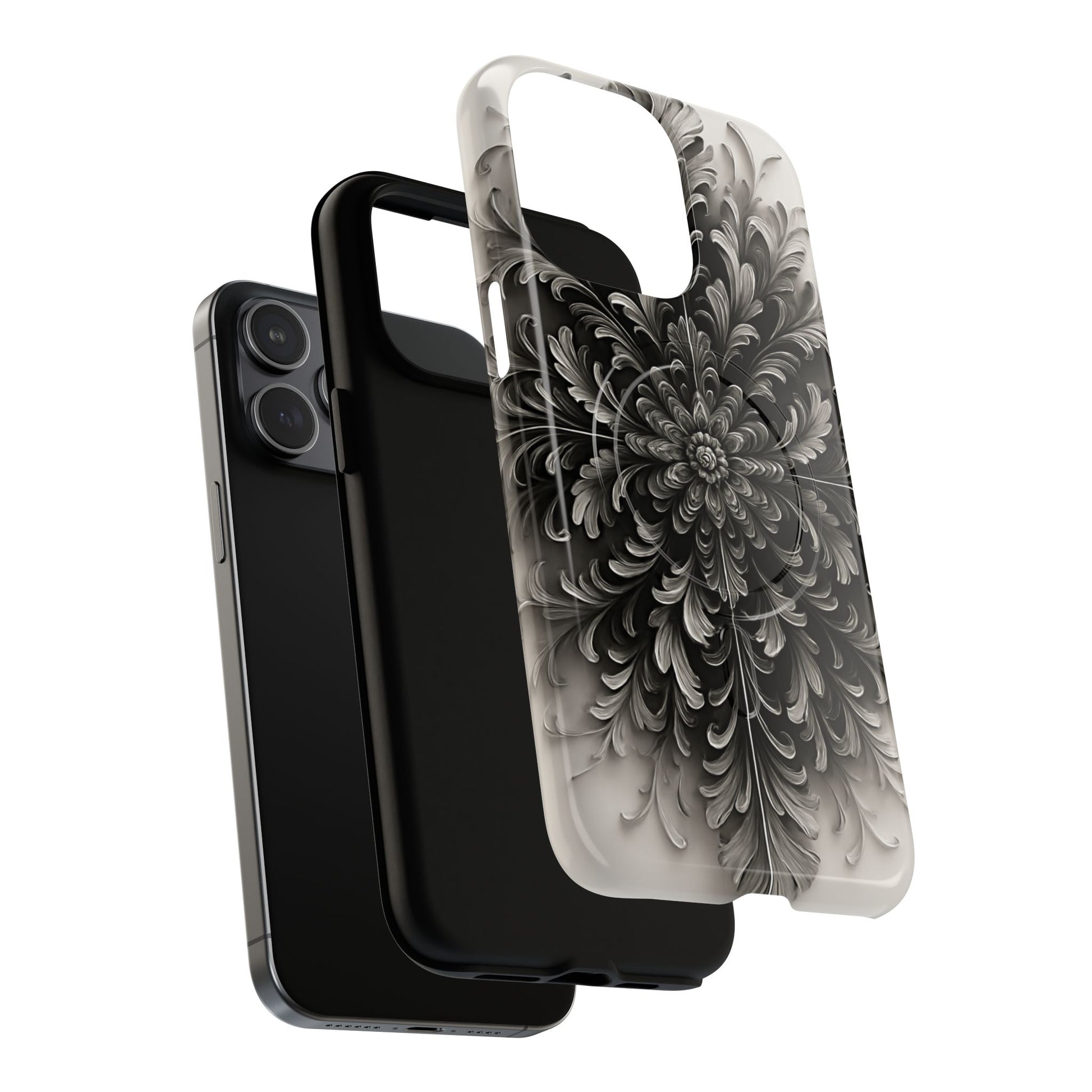 Obsidian Bloom - Elegant Black & White iPhone 15 Pro Max MagSafe Phone Case - Intricate Mandala Flower Design