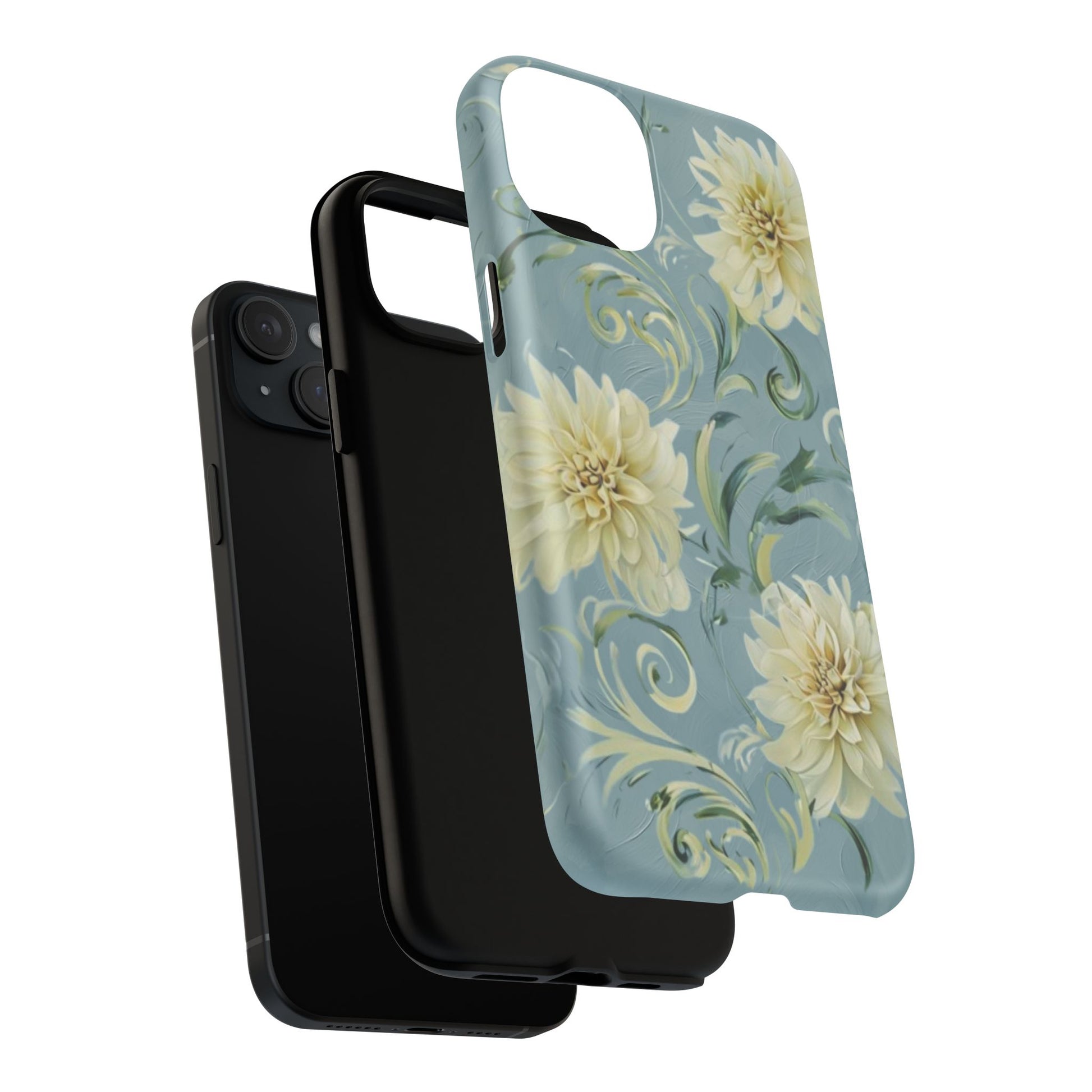 Golden Dahlia Trio - Elegant Floral iPhone 15 Plus MagSafe Phone Case - Artistic White & Blue Dahlia Design