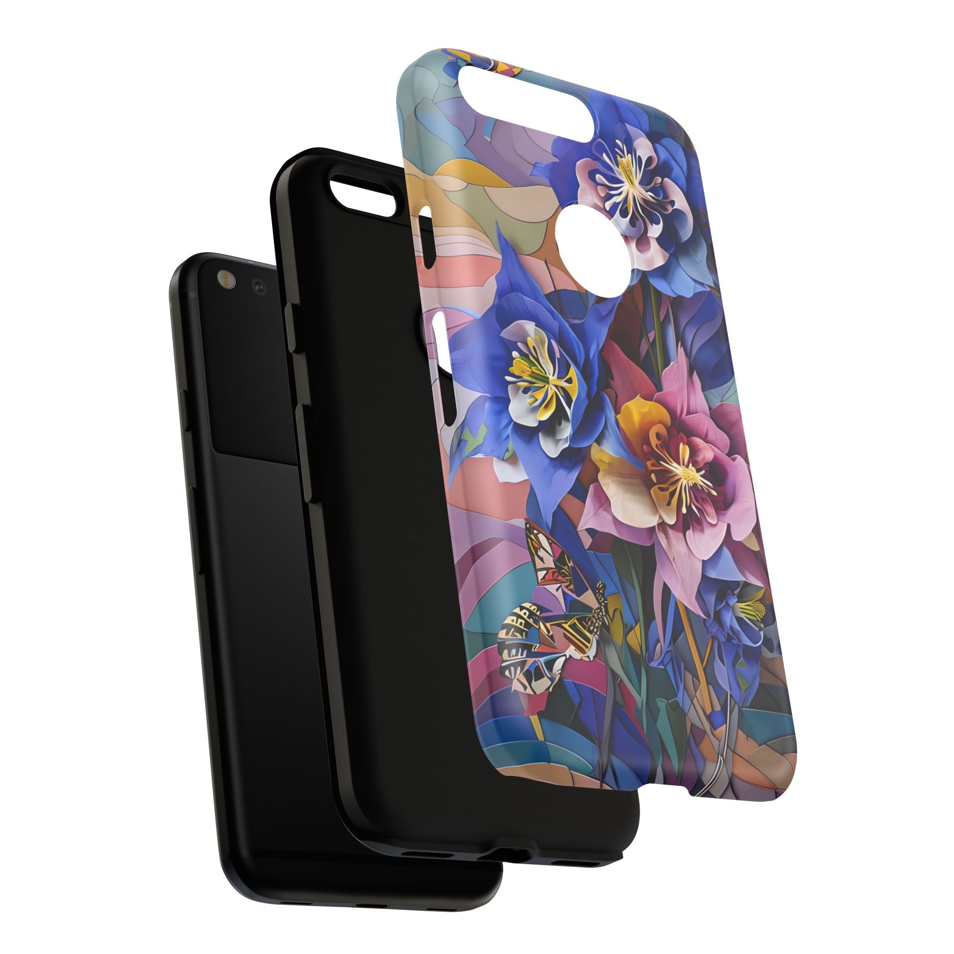 Blue Columbine Carnivale - Artistic Floral & Butterfly Google Pixel Tough Phone Case - Vibrant Botanical Design