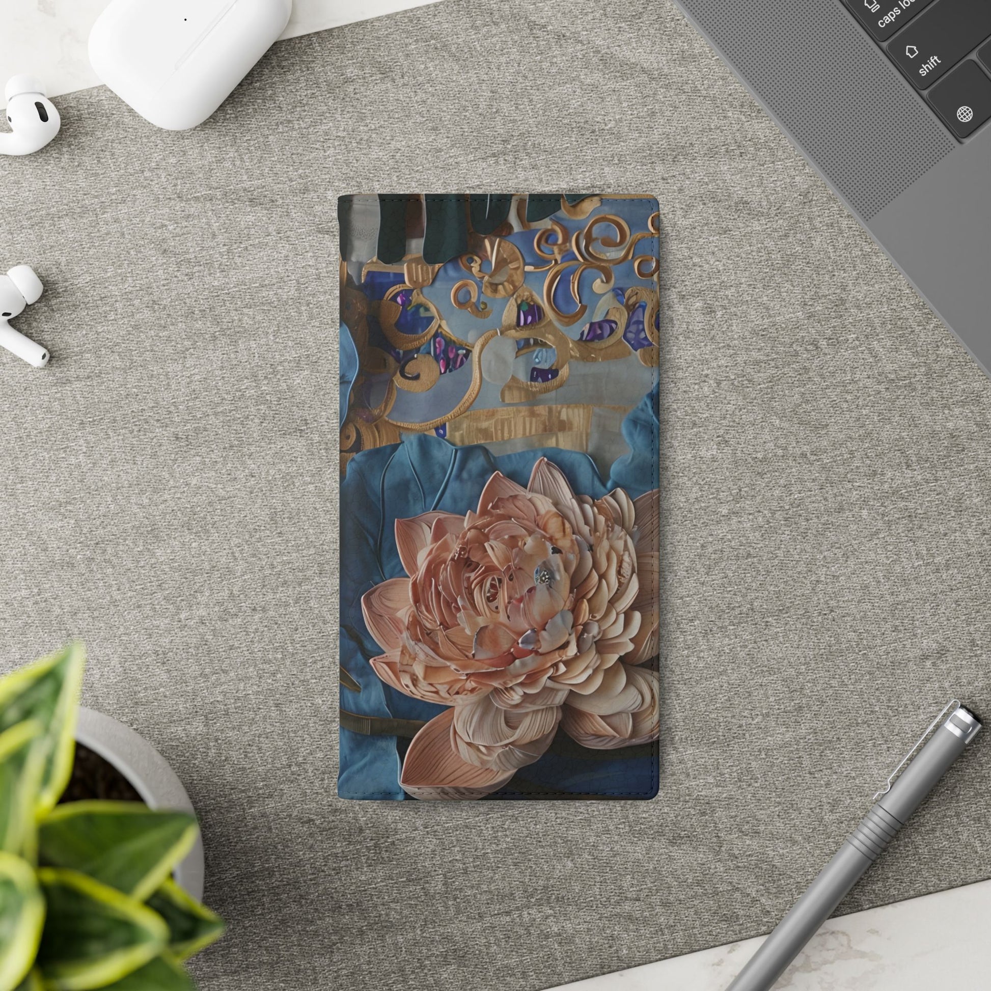 Peony Midnight Tapestry floral Samsung Galaxy wallet flip phone case with card holder on a desk