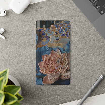 Peony Midnight Tapestry floral Samsung Galaxy wallet flip phone case with card holder on a desk