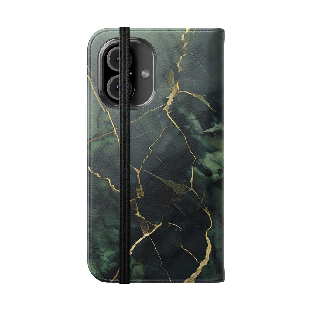Verdant Vein - Green Marble Design Wallet Phone Case for iPhone 16