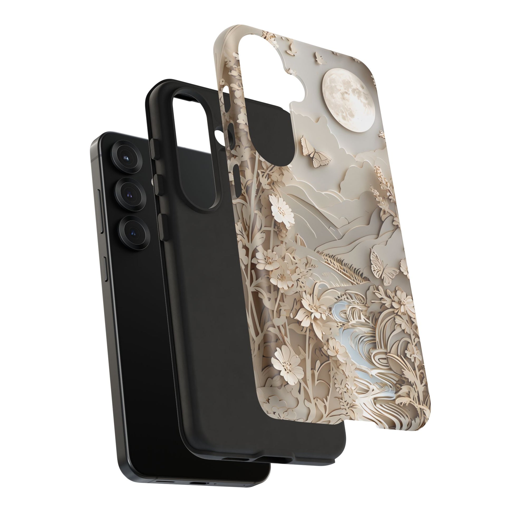 Moonlit Garden - Elegant Neutral Floral Samsung Galaxy S25 Tough Phone Case - Painterly Botanical & Moon Design