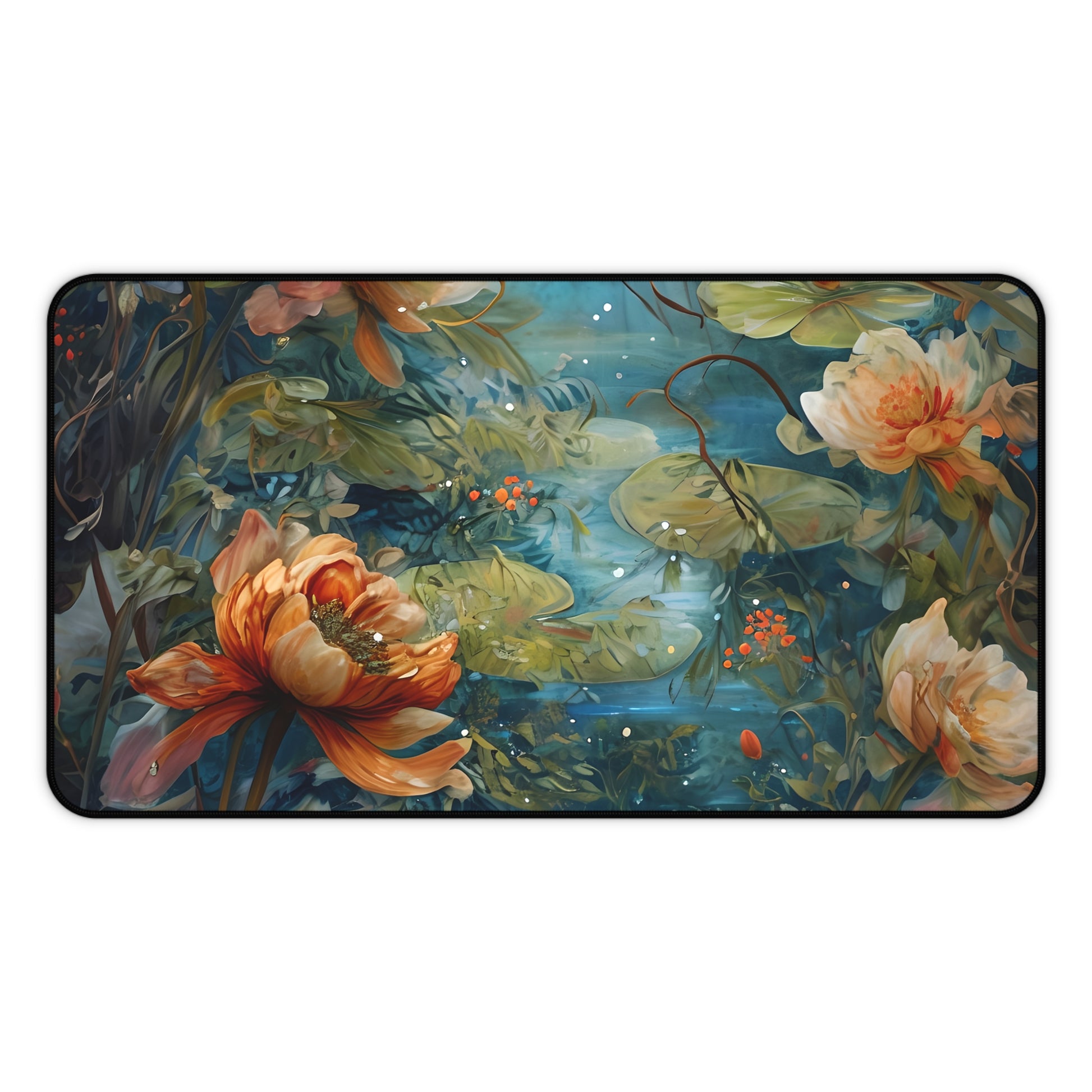Waterlily Nocturne desk mat featuring serene nighttime waterlily pond artwork
