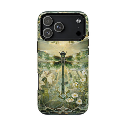Emerald Dragonfly art nouveau iPhone MagSafe phone case with large camera cutout front view with botanical floral design.