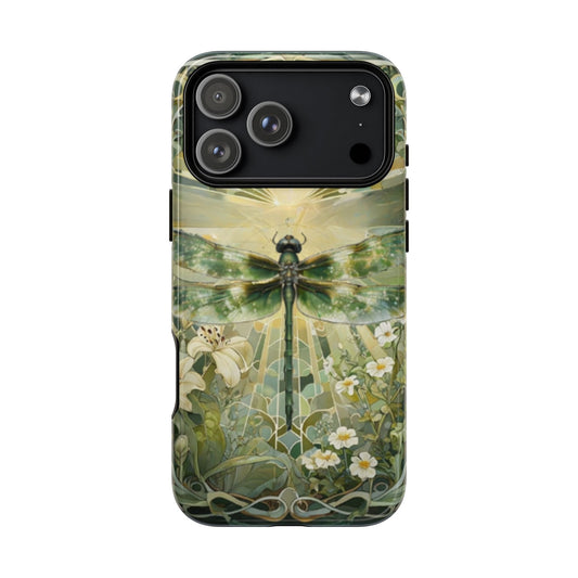 Emerald Dragonfly art nouveau iPhone MagSafe phone case with large camera cutout front view with botanical floral design.