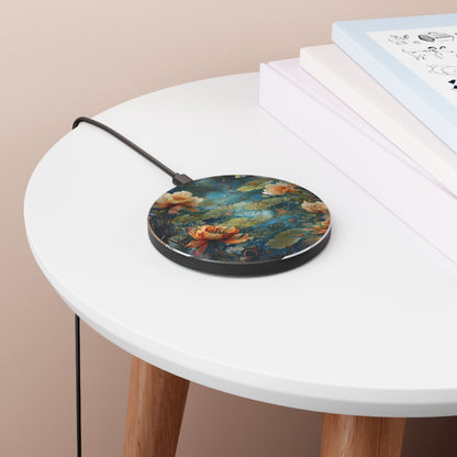 Waterlily Nocturne lily pond floral Qi wireless charger on bedside table beside stacked books