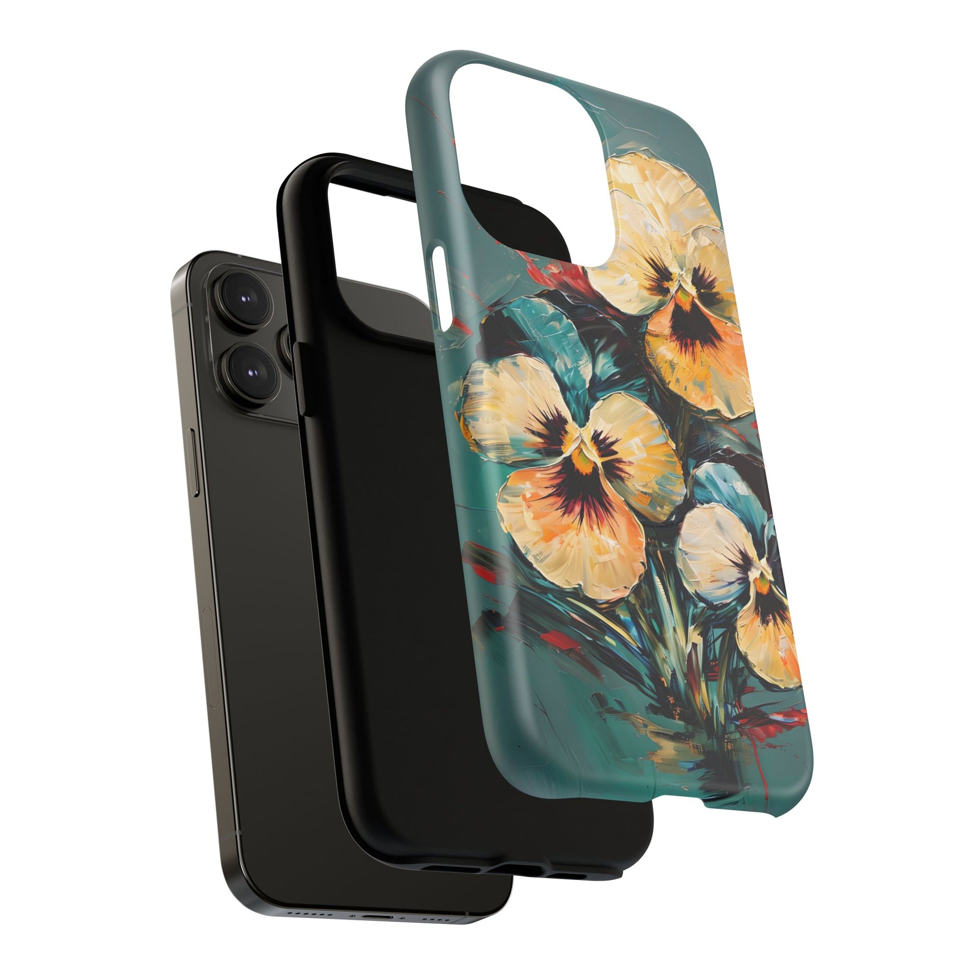 Golden Pansy Cascade - Elegant Floral iPhone 14 Pro Max MagSafe Case with Deep Teal Background