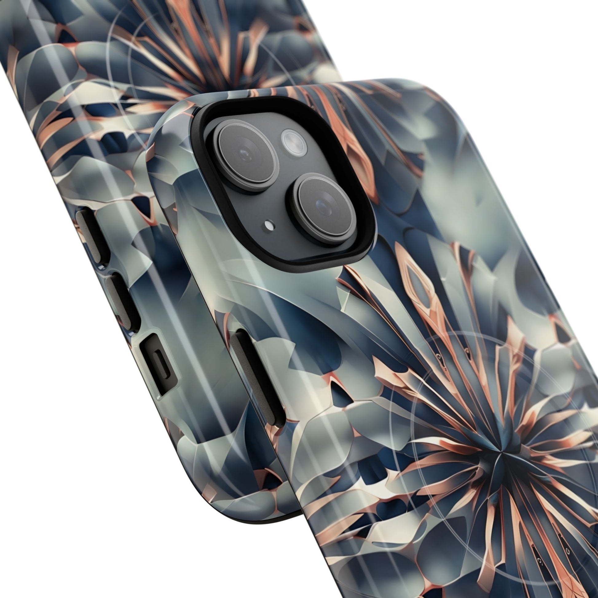 Obsidian Kaleidoscope Artistic Floral Burst - iPhone 15 Plus MagSafe Phone Case -Blue, Peach and Silver Symmetrical Design