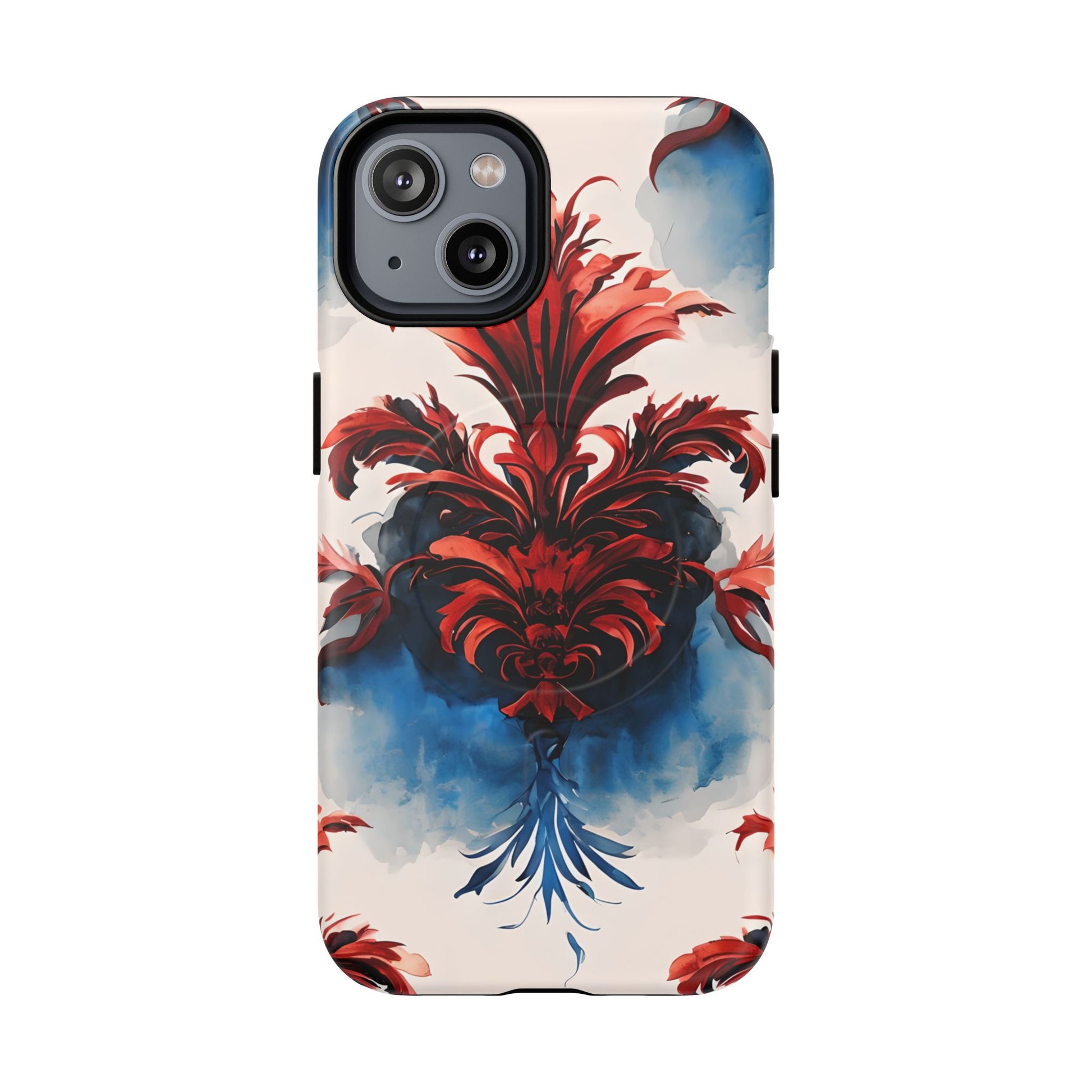 Crimson Plume - Bold Artistic Feather iPhone 14 MagSafe Phone Case - Dramatic Red & Blue Design