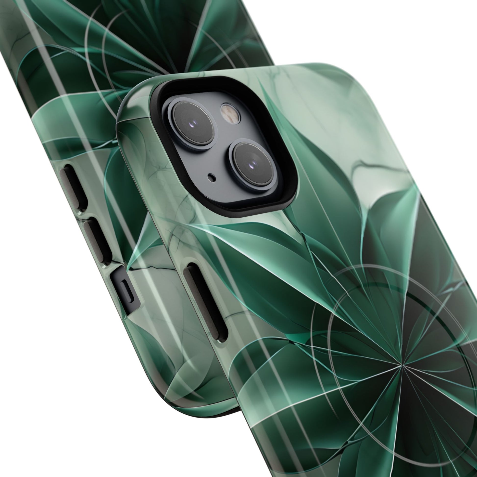 Emerald Bloom iPhone 14 Plus MagSafe Phone Case -Modern Symmetrical Floral Design, Green