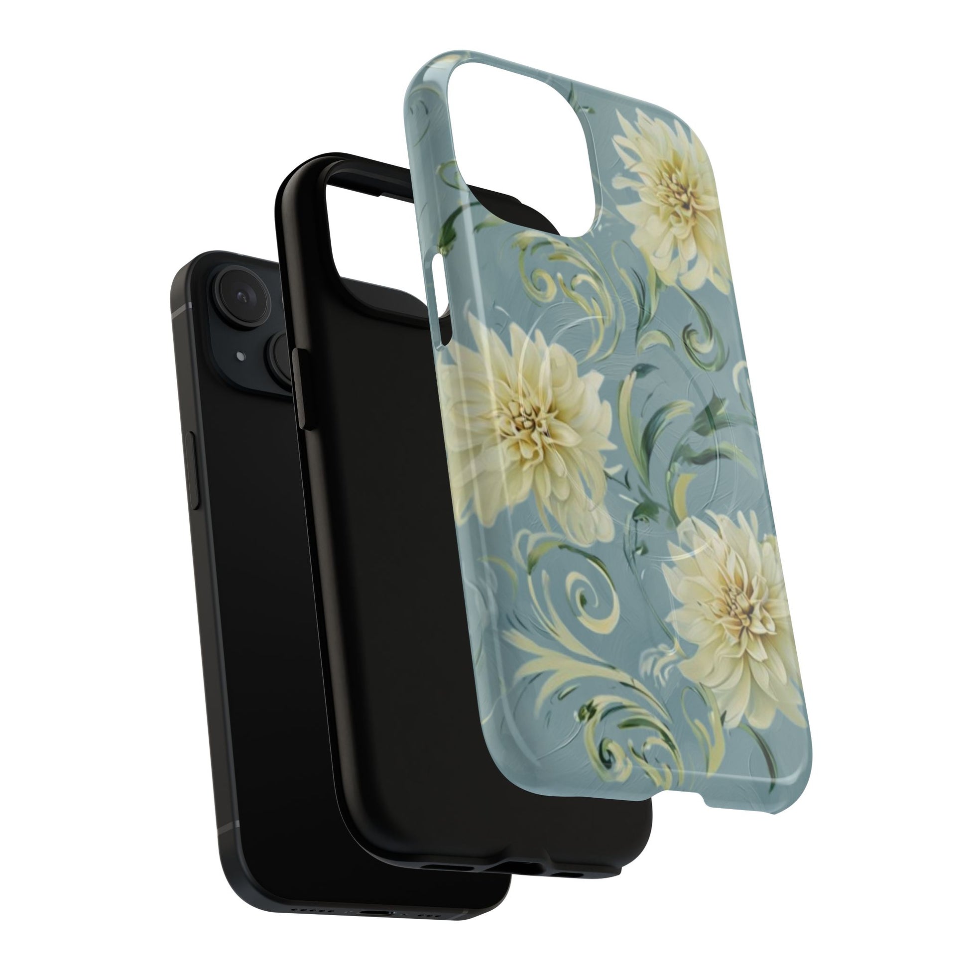 Golden Dahlia Trio - Elegant Floral iPhone 15 MagSafe Phone Case - Artistic White & Blue Dahlia Design