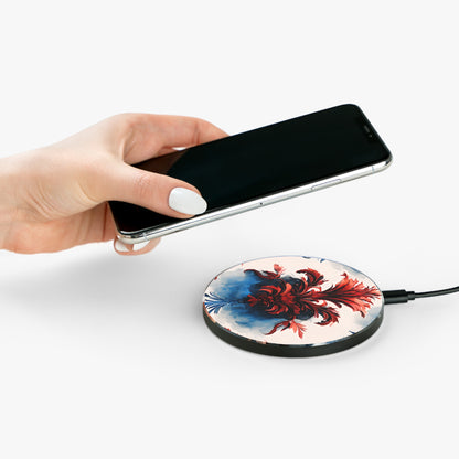 Hand placing smartphone on Crimson Plume red, white and blue floral design Qi wireless charger