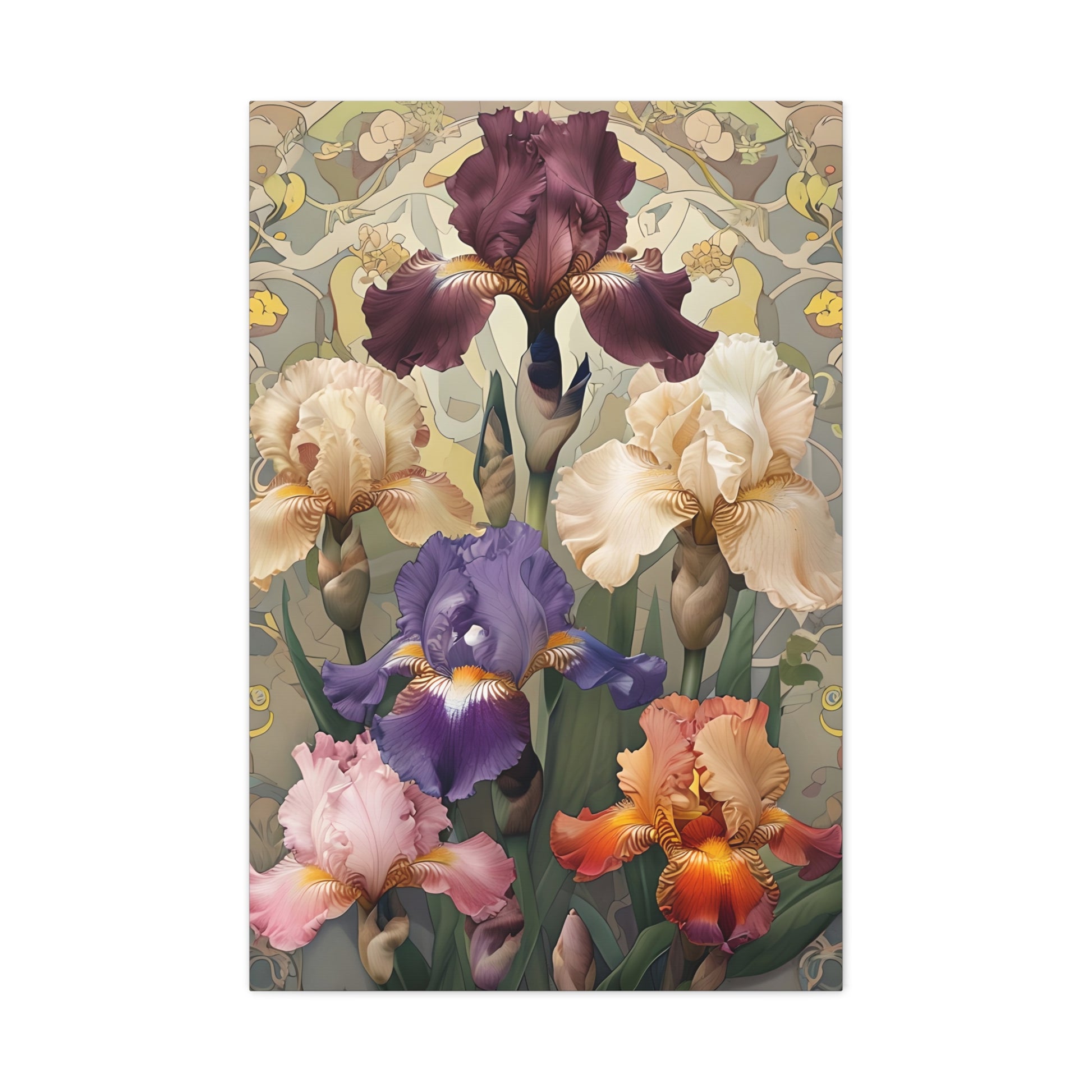 Iris Reverie wall art canvas featuring colorful iris flowers in soft pastel tones with vintage botanical details