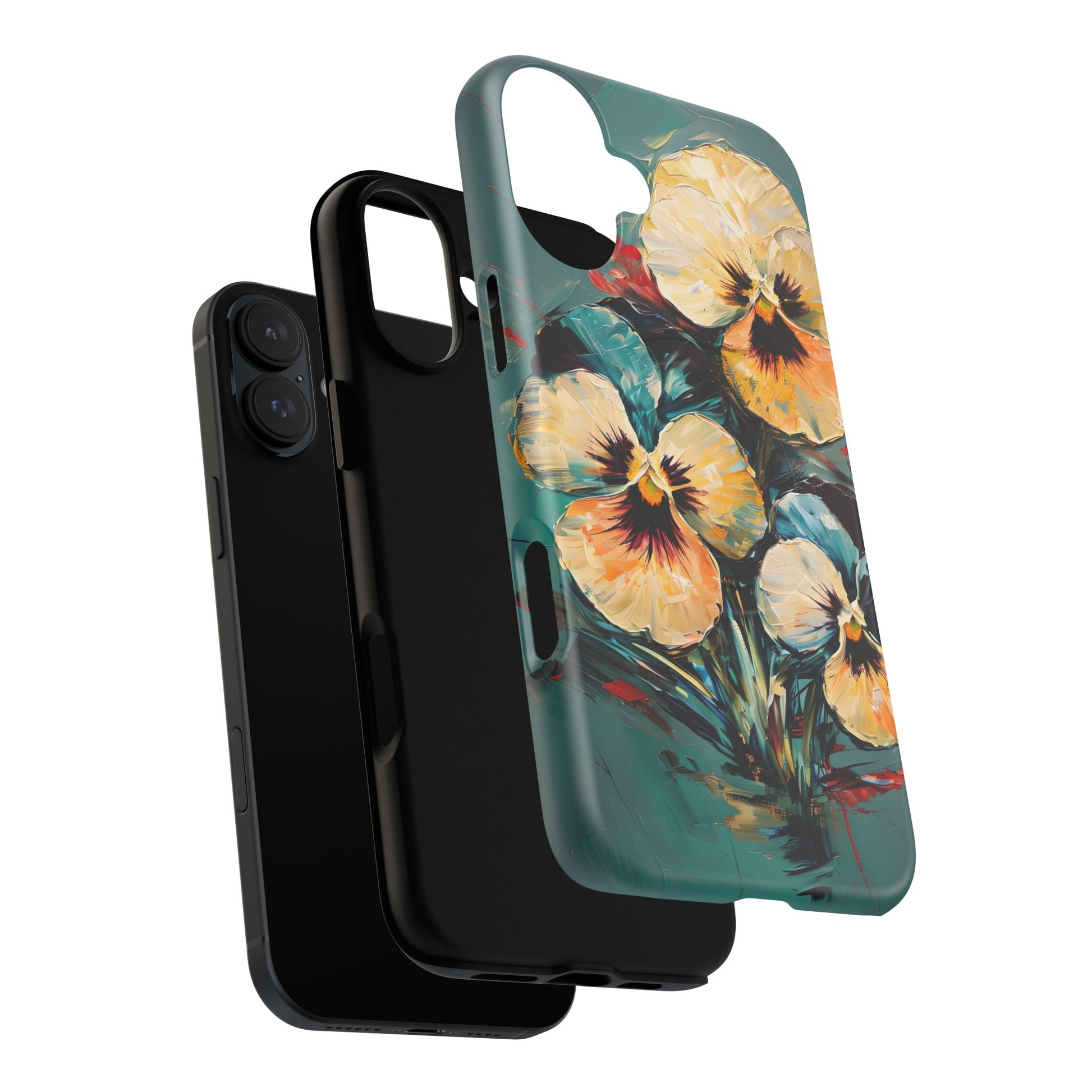 Golden Pansy Cascade - Elegant Floral iPhone 16 Plus MagSafe Case with Deep Teal Background