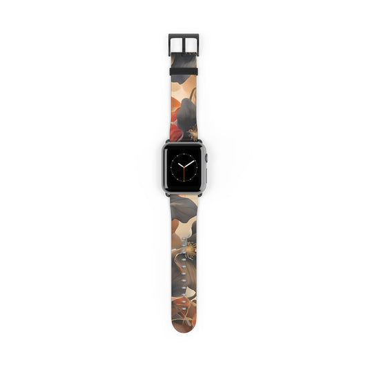 Autumn Ember Apple Watch band with watch face featuring warm autumn leaf artwork in amber, rust, and earthy tones