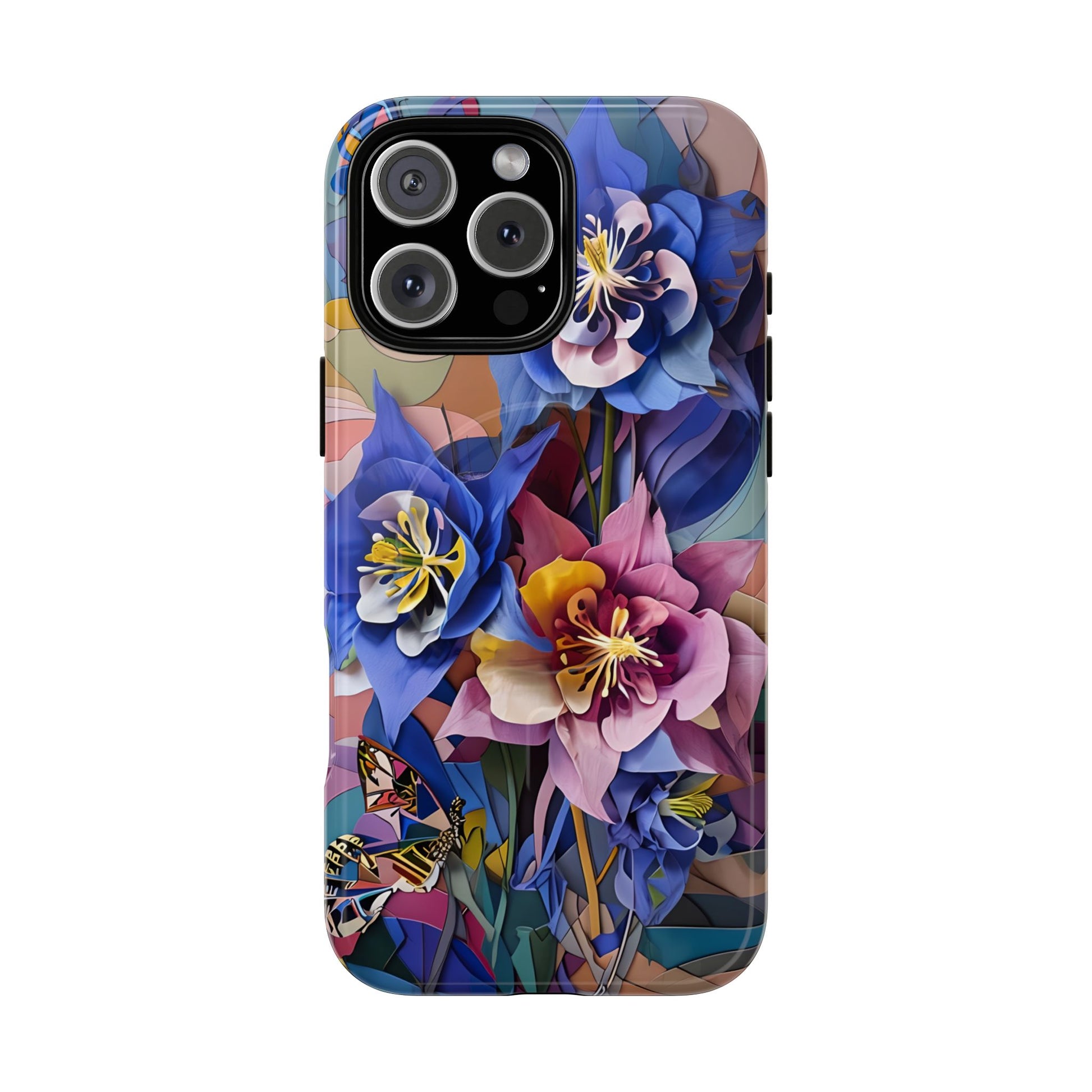 Blue Columbine Carnivale - Artistic Floral & Butterfly iPhone 16 Pro Max MagSafe Phone Case - Vibrant Botanical Design