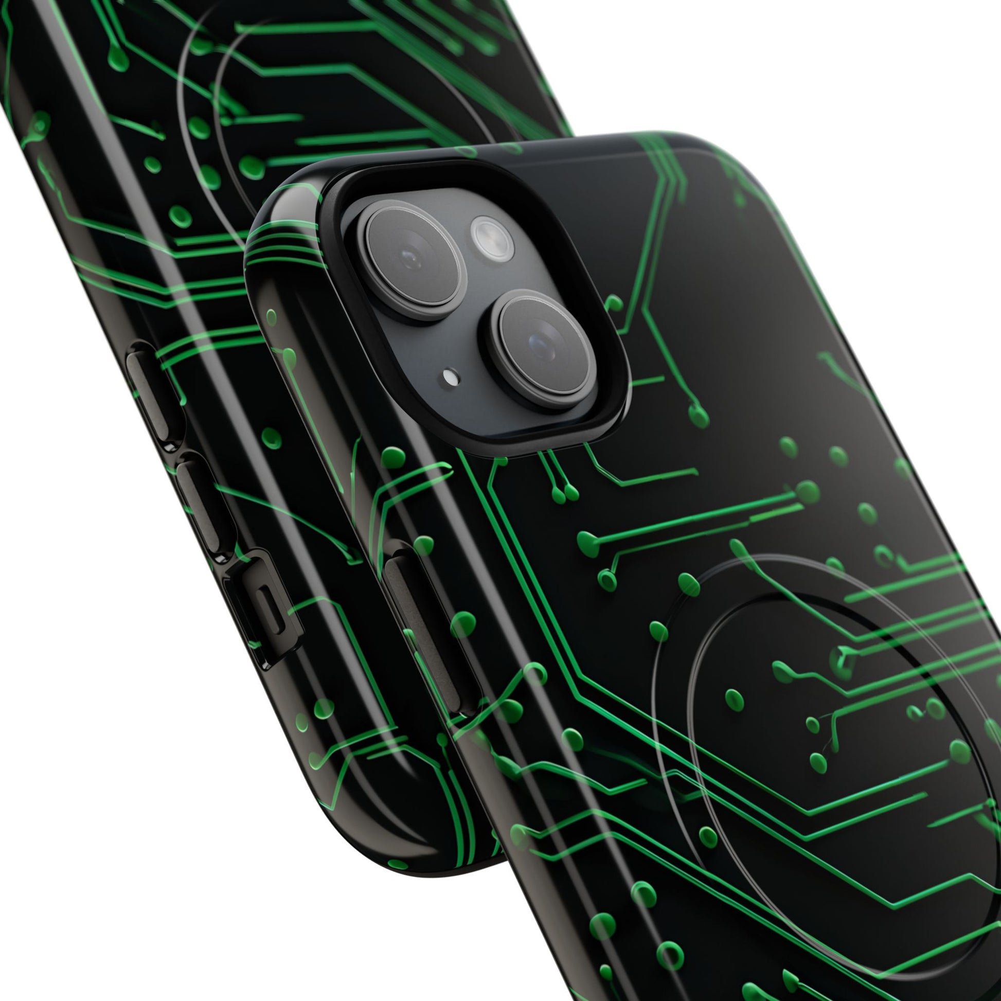 Green Circuit Grid iPhone 15 Plus MagSafe Compatible case- Tech-Inspired Shockproof Cover