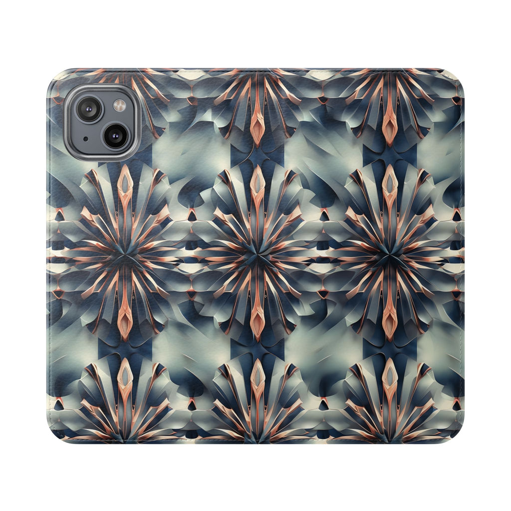 Obsidian Kaleidoscope iPhone 14 Plus Wallet Case - Elegant Abstract Flip Cover with Card Slots