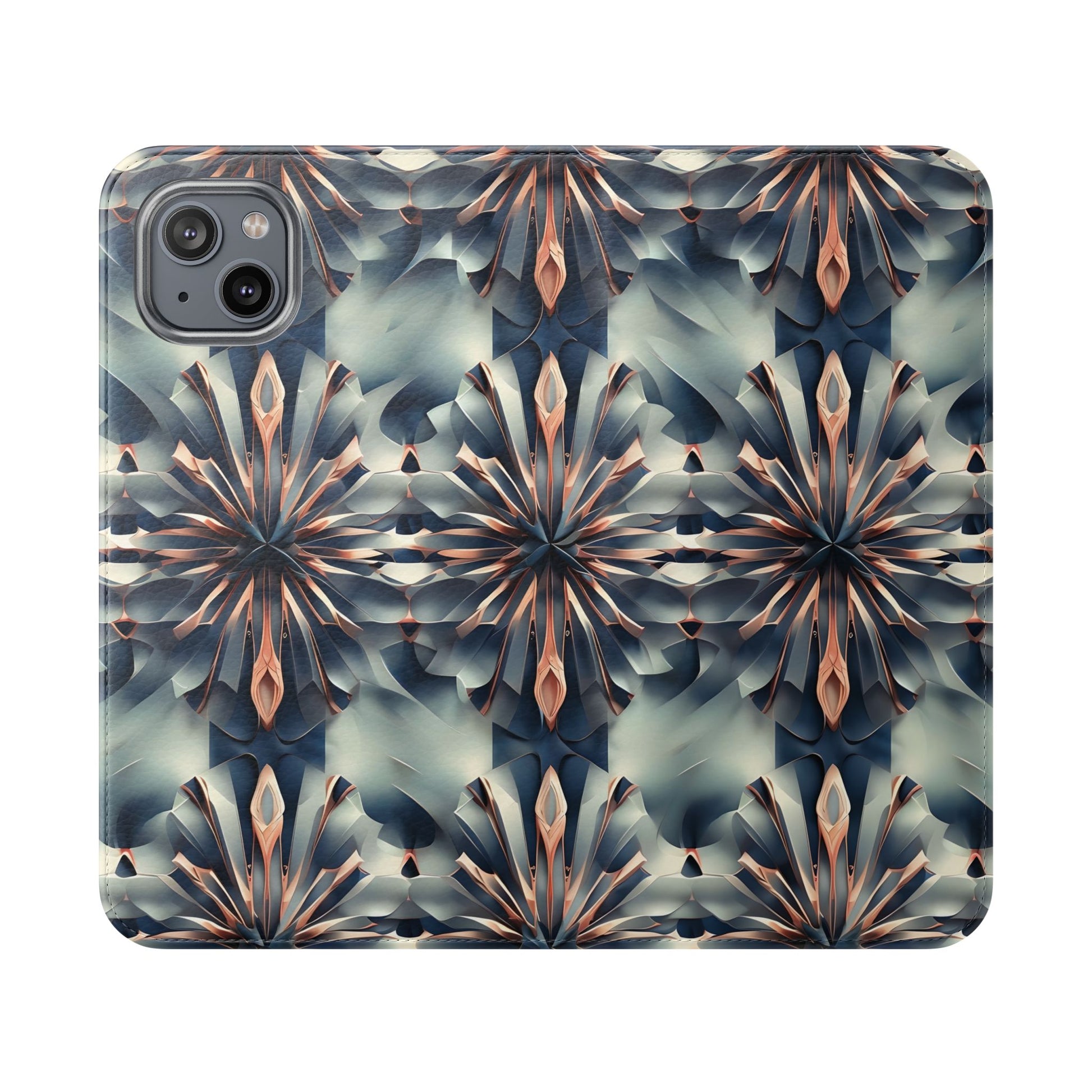 Obsidian Kaleidoscope iPhone 14 Plus Wallet Case - Elegant Abstract Flip Cover with Card Slots