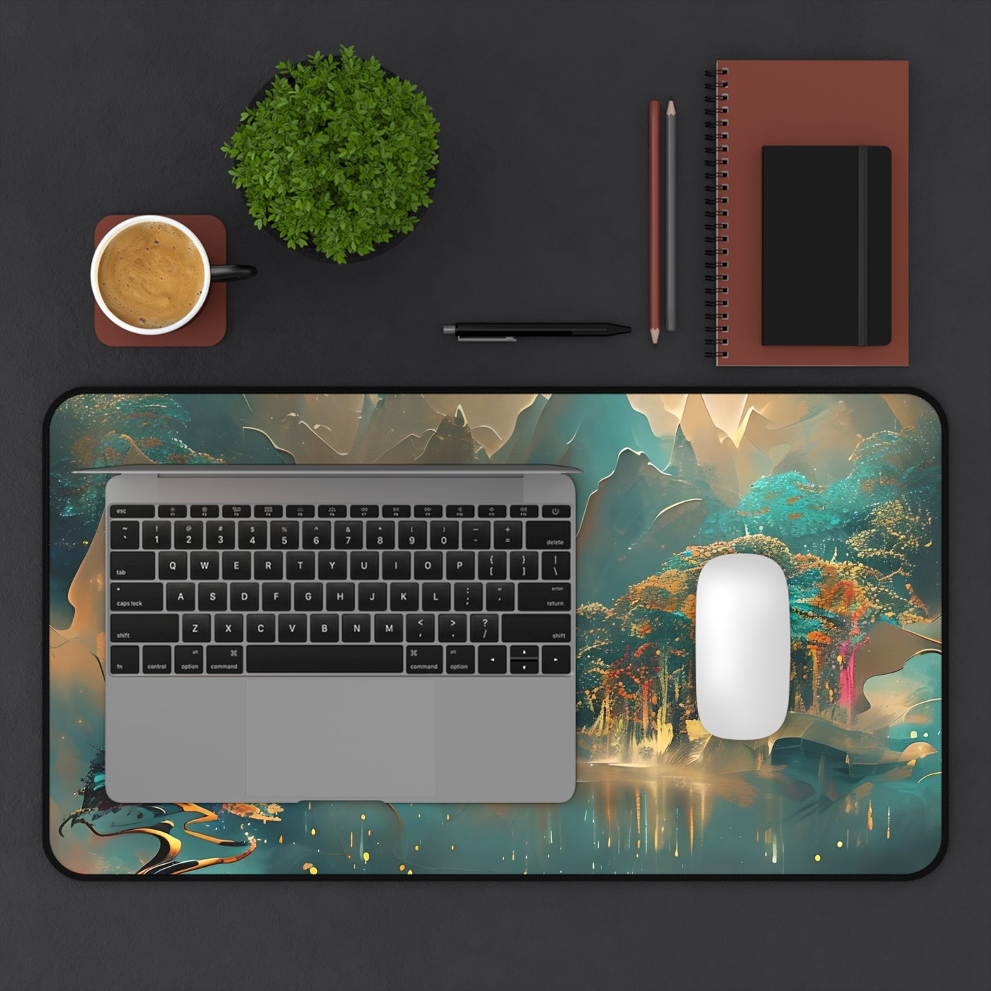 Misty Horizon desk mat in workspace with keyboard showing atmospheric teal horizon artwork