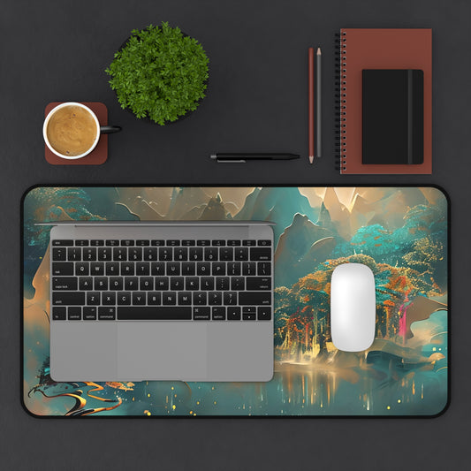 Misty Horizon desk mat in workspace with keyboard showing atmospheric teal horizon artwork