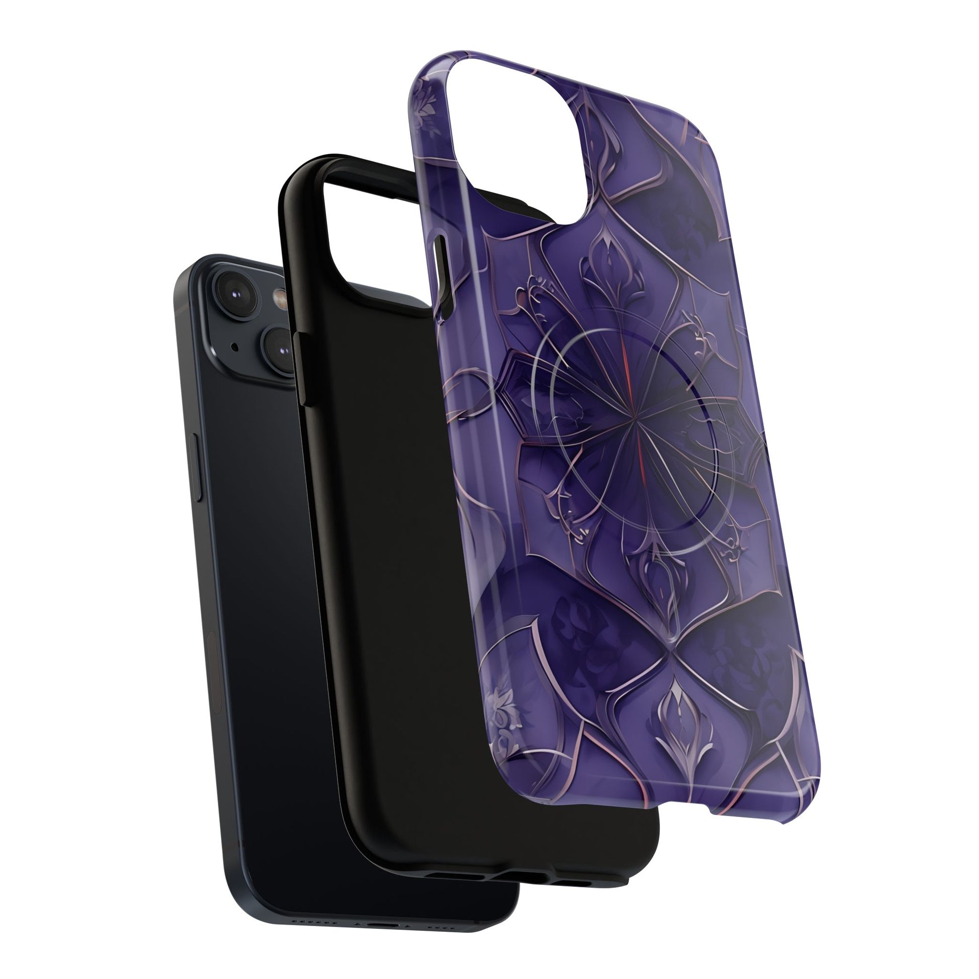Violet Nebula - Kaleidoscope Collection Artistic Floral Burst - iPhone 14 Plus MagSafe Phone Case -Bold Purple Symmetrical Design