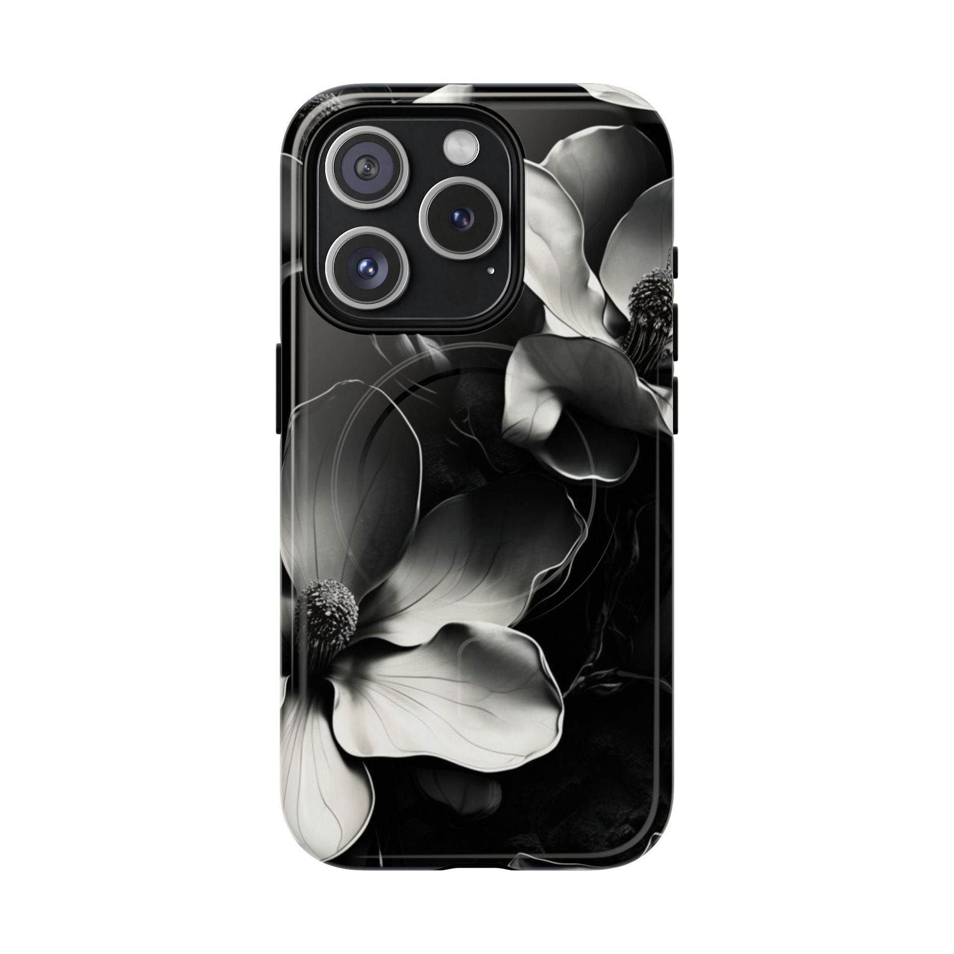 Monochrome Magnolia - Elegant Black & White Floral iPhone 15 Pro MagSafe Phone Case - Artistic Magnolia Design