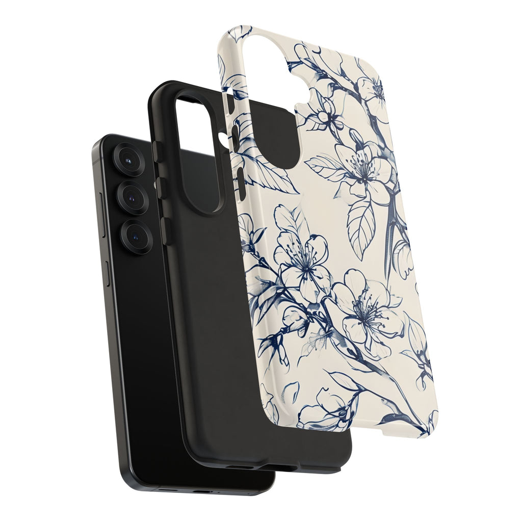 Blossom Sketch - Artistic Blue Floral Samsung Galaxy S25 Tough Phone Case - Hand-Drawn Botanical Design