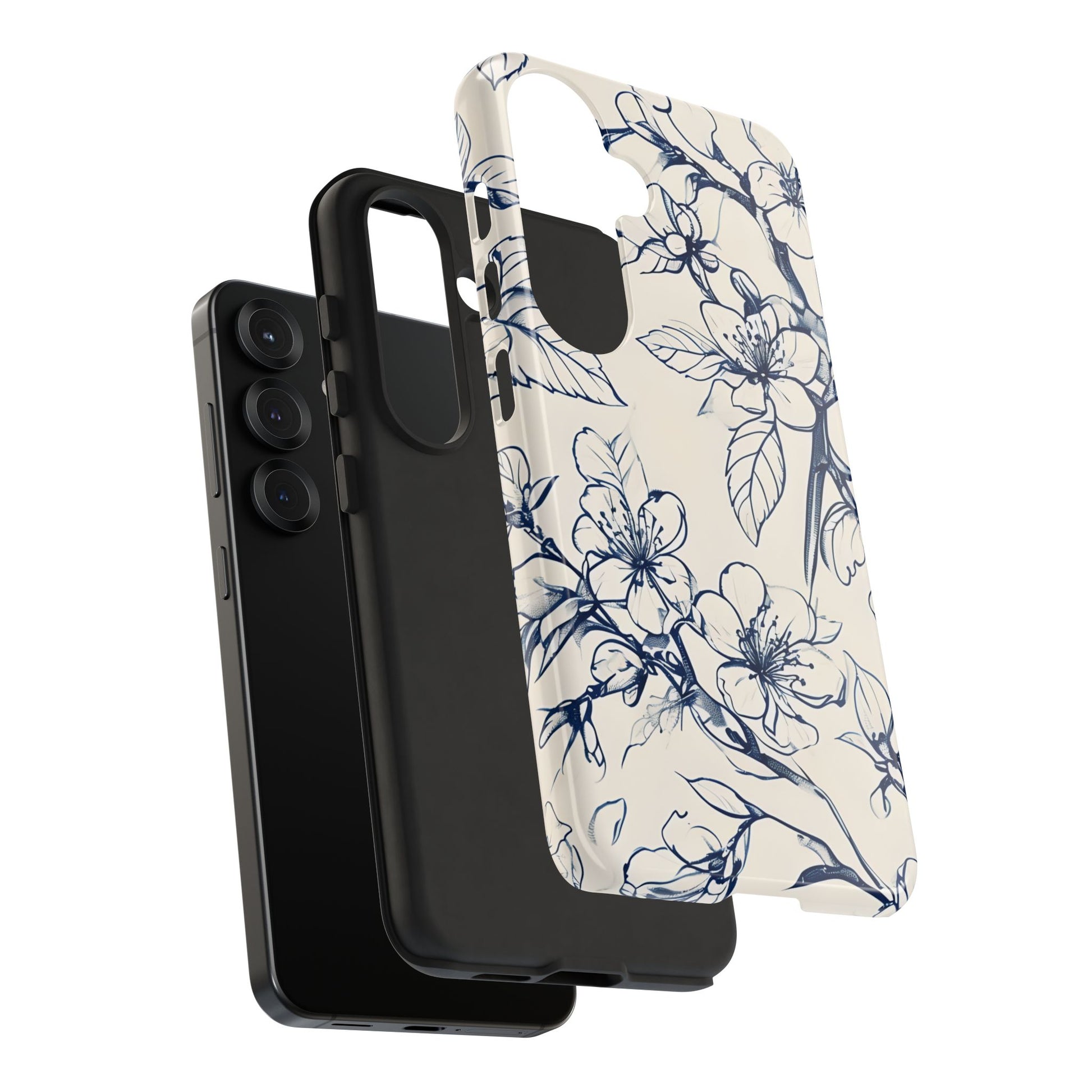 Blossom Sketch - Artistic Blue Floral Samsung Galaxy S25 Tough Phone Case - Hand-Drawn Botanical Design