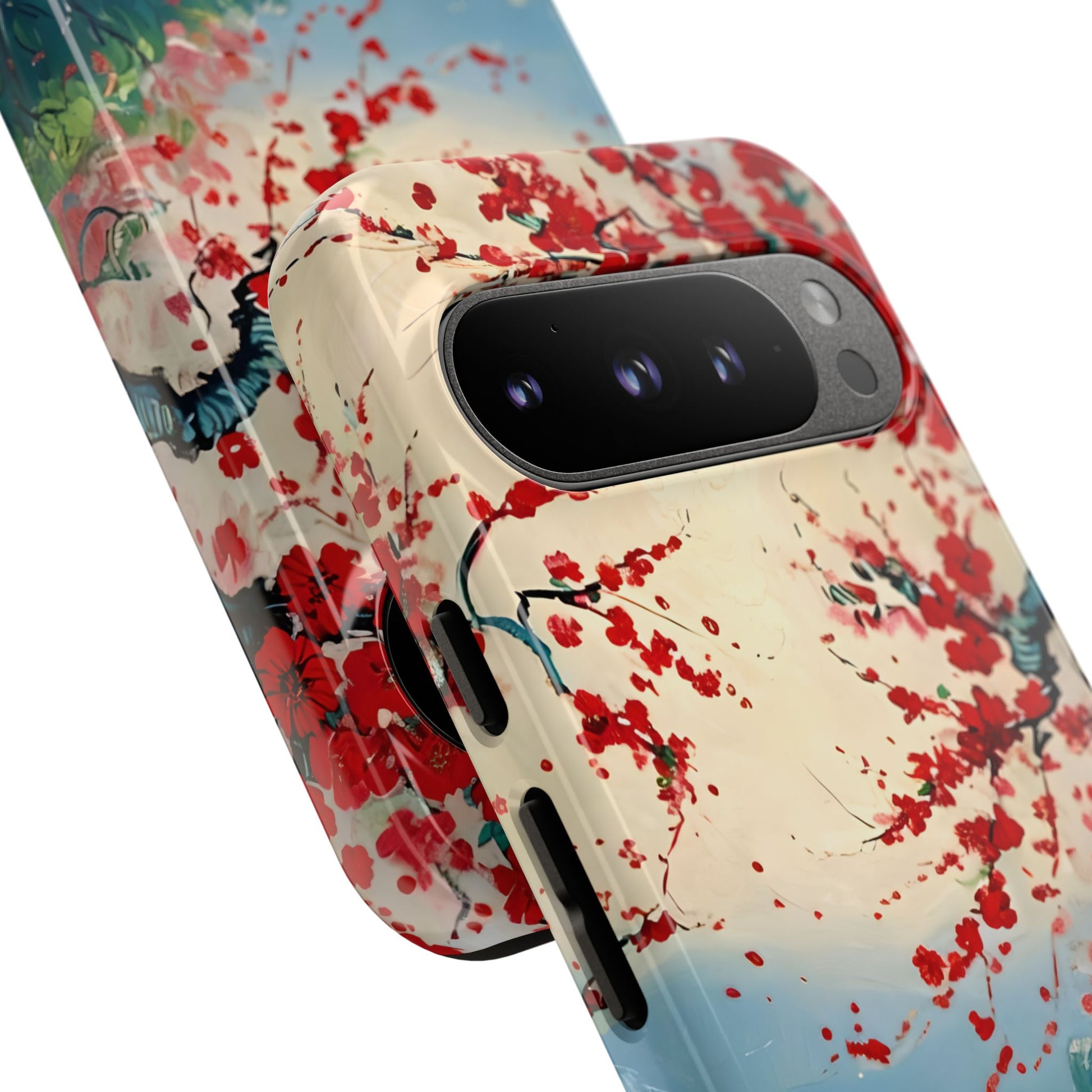 Crimson Blossom Lake - Artistic Floral Landscape Google Pixel 9 Pro Tough Phone Case - Red Cherry Blossoms & Serene Lake Design