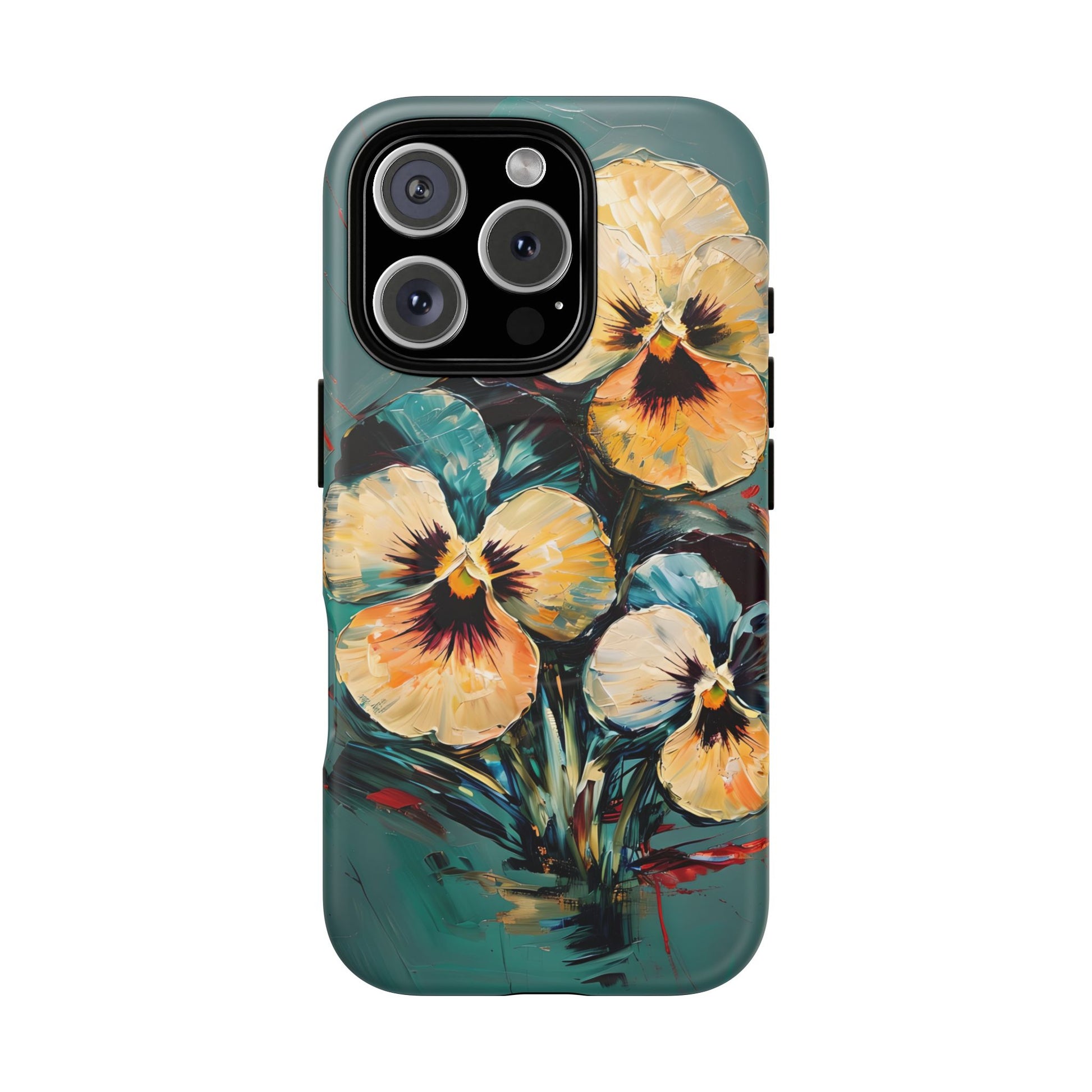 Golden Pansy Cascade - Elegant Floral iPhone 16 Pro MagSafe Case with Deep Teal Background
