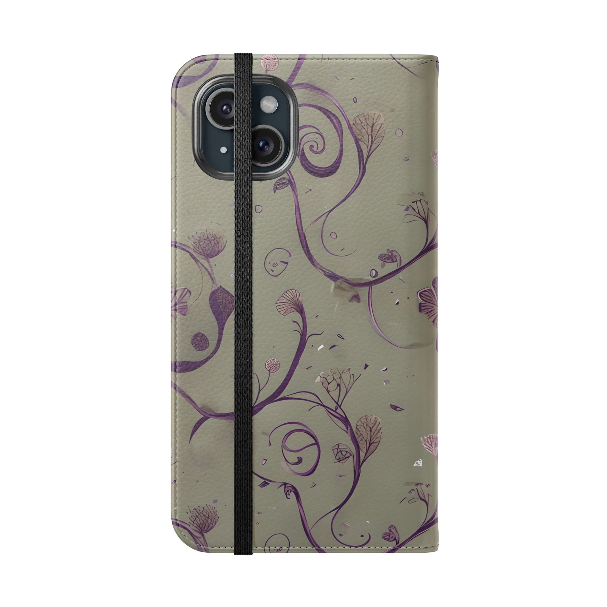 Twilight Thistle Bloom Wallet Phone Case - Elegant Purple Floral Vine Flip Cover for iPhone 15 Plus