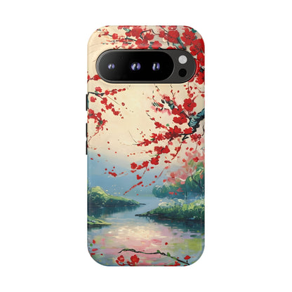 Crimson Blossom Lake - Artistic Floral Landscape Google Pixel 6 Tough Phone Case - Red Cherry Blossoms & Serene Lake Design