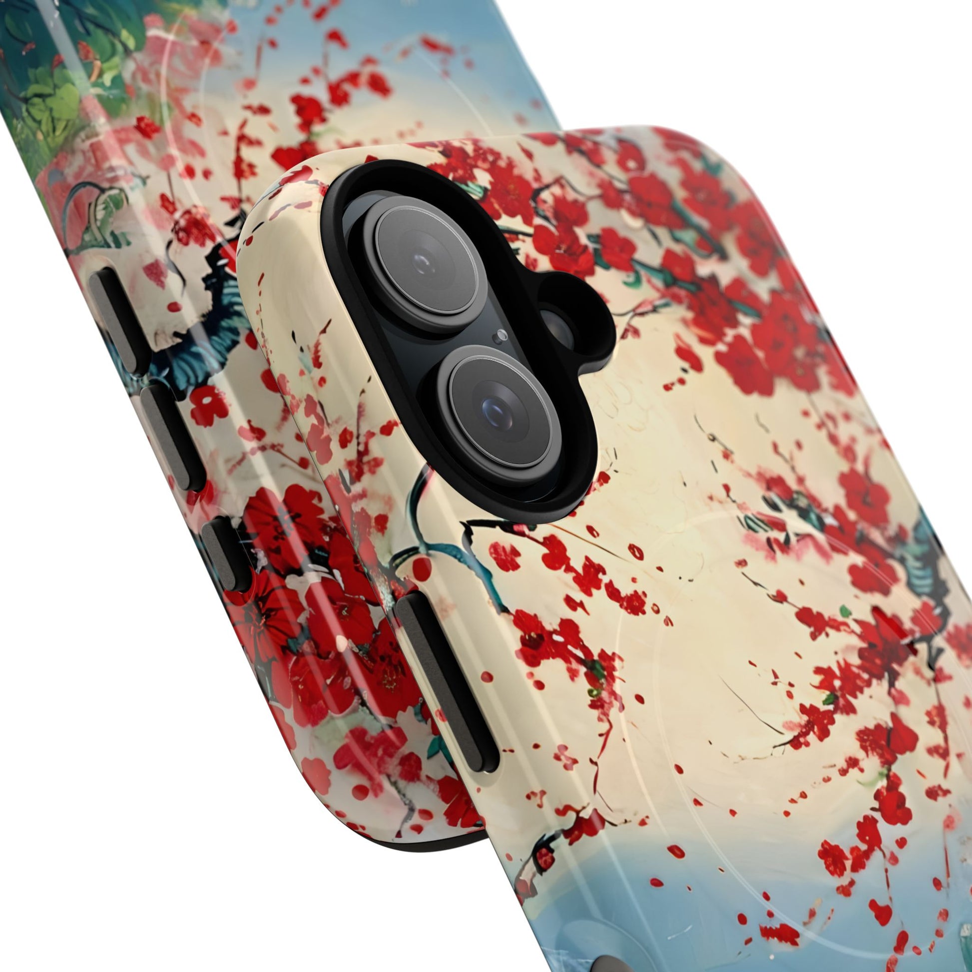 Crimson Blossom Lake - Artistic Floral Landscape iPhone 16 MagSafe Phone Case - Red Cherry Blossoms & Serene Lake Design
