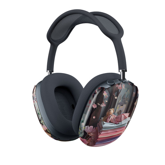 A Good Night’s Sleep AirPods Max cover with cozy bedroom scene, woman resting on tall stack of colorful papers under starry window, angled view on Apple AirPods Max headphones