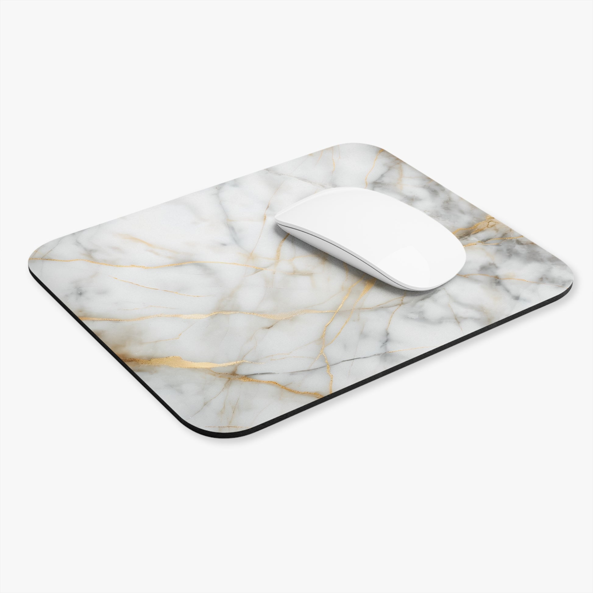 Golden Vein Marble mouse pad in workspace with mouse showing elegant marble artwork