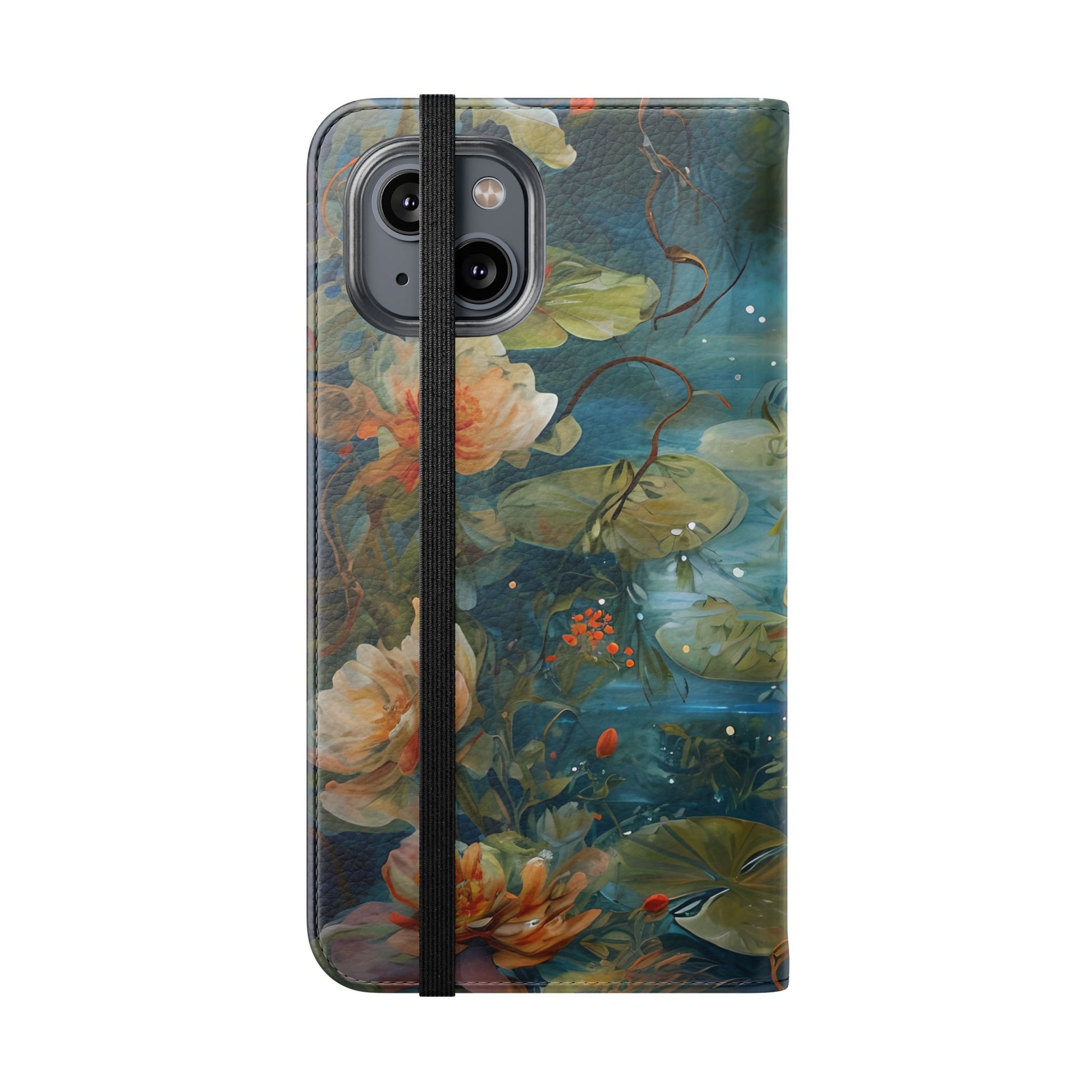 Waterlily Nocturne iPhone 14 Wallet Case - Elegant Floral Flip Cover, Vintage Botanical Phone Folio
