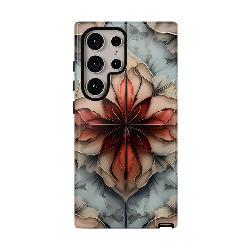 Ember Bloom - Kaleidoscope Collection Artistic Floral - Samsung Galaxy S24 Ultra Tough Phone Case - Fiery Symmetrical Design