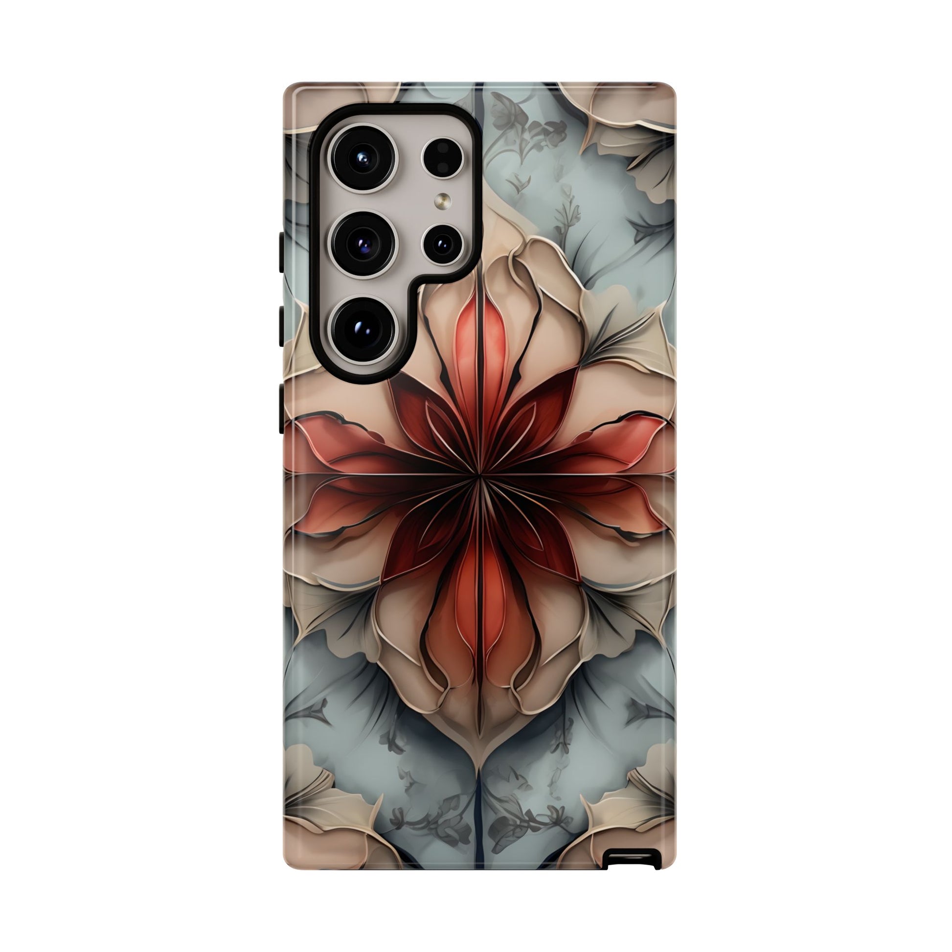 Ember Bloom - Kaleidoscope Collection Artistic Floral - Samsung Galaxy S24 Ultra Tough Phone Case - Fiery Symmetrical Design